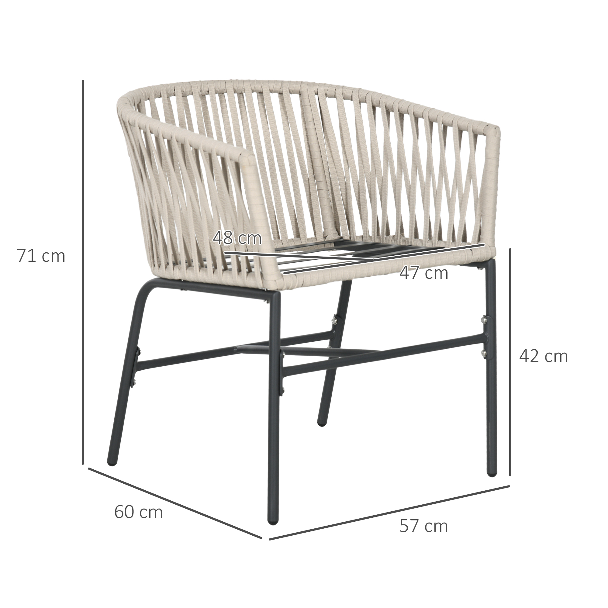 Outsunny Terrasstoel 2-delige set, Boho-stijl, comfortabele zitting, zitkussens, wasbare hoes, metalen frame, Grijs/Beige