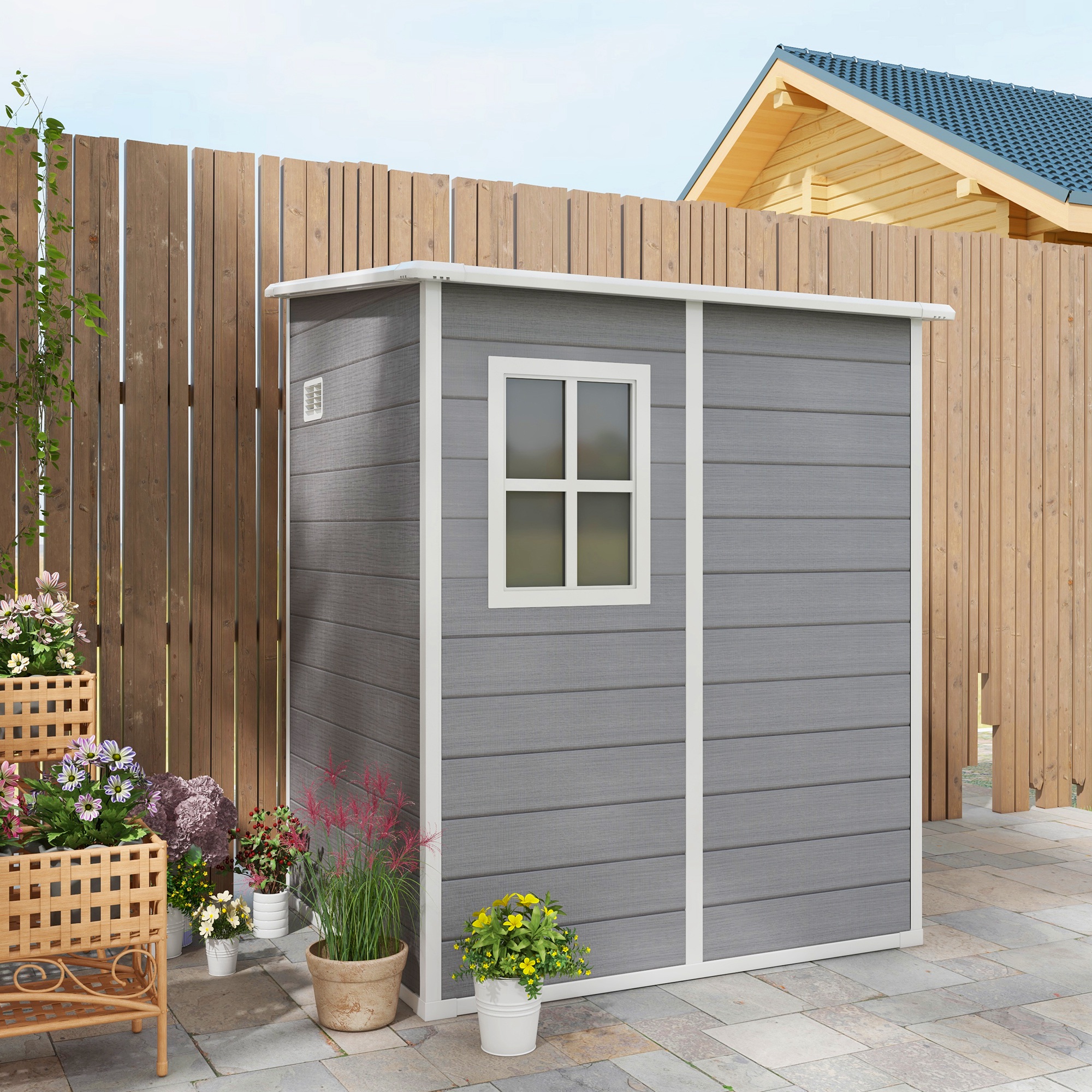 Outsunny Tuinschuur met Slot, Venster voor Daglicht & Ventilatie, Aluminium, 122 x 149 x 192/177 cm Grijs