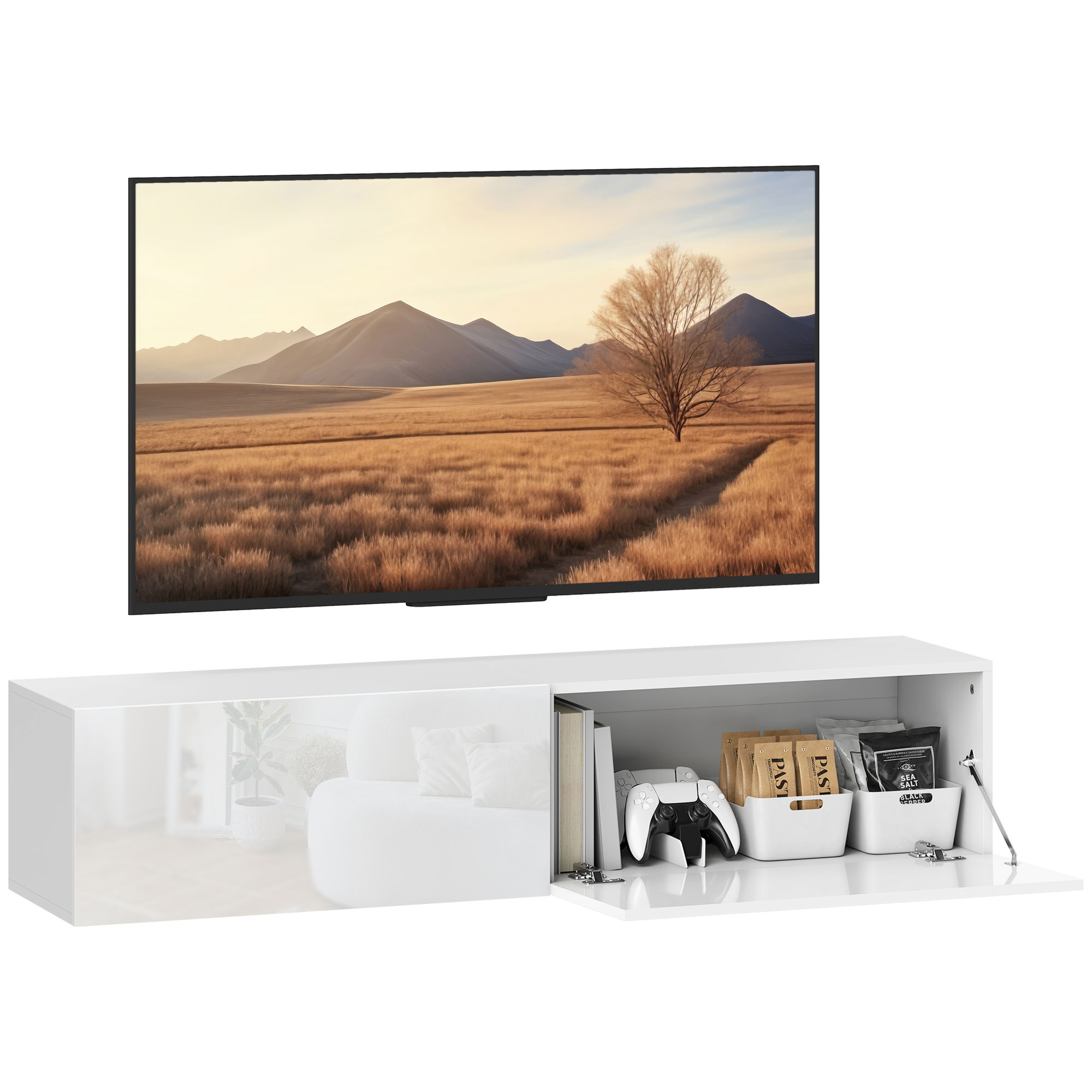 HOMCOM Wandgemonteerde Tv-kast, Zwevende Tv-console met Veel Afzetgebied en Opbergruimte, Spaanplaat, Wit