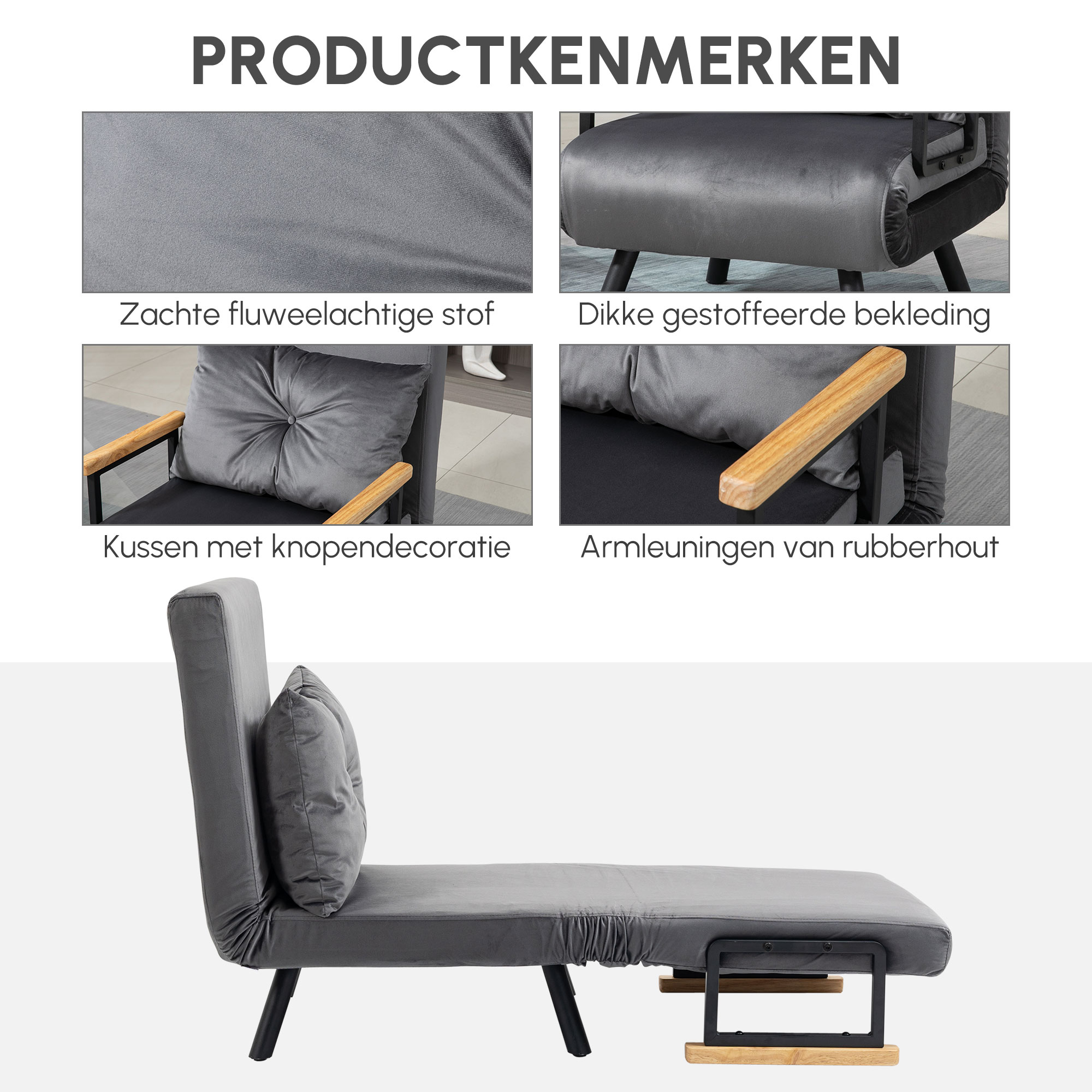 HOMCOM Lounge stoel in Scandinavisch design, ligstoel, leesstoel. Inclusief kussen met knoopsluiting, Donkergrijs