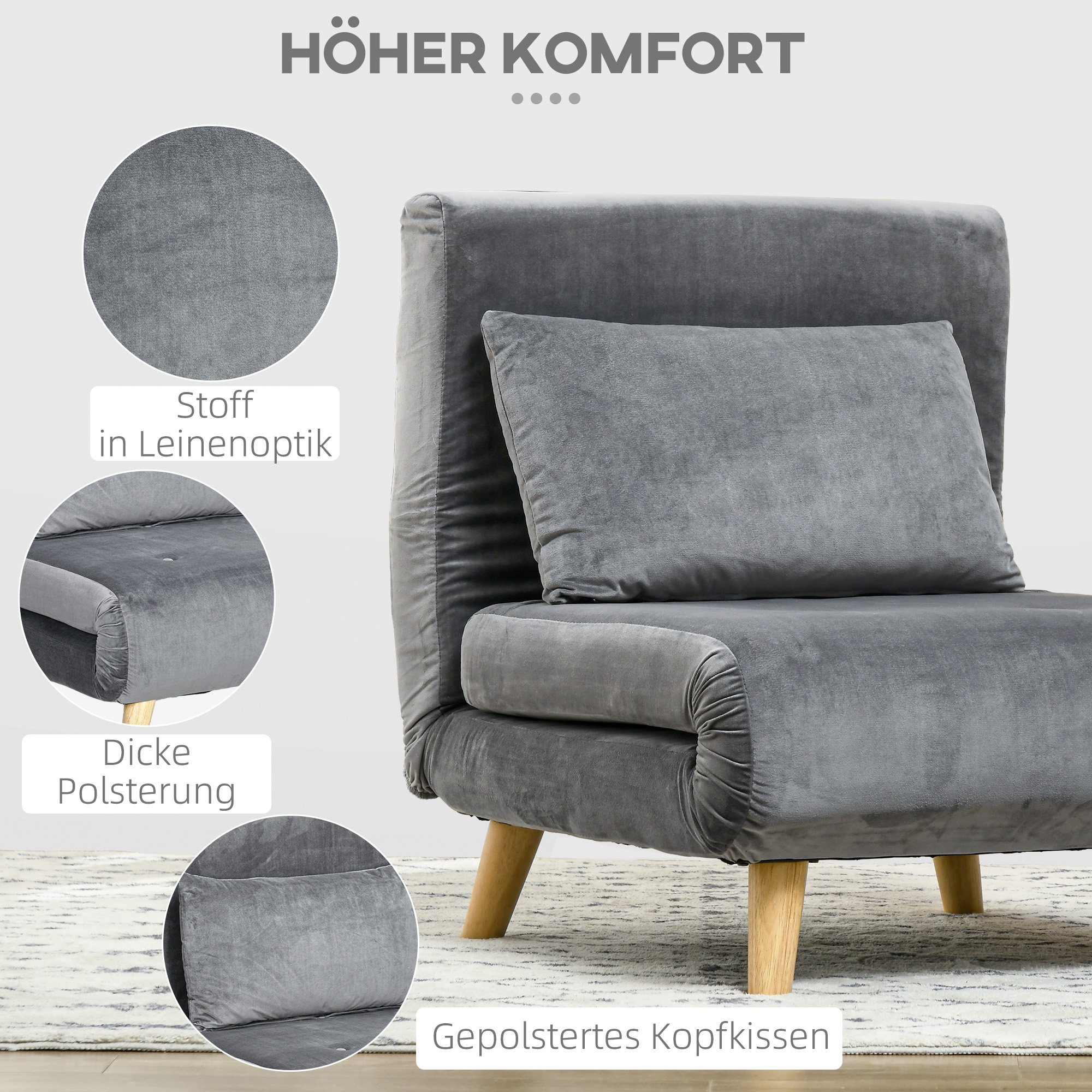 HOMCOM 2-in-1 Stoel, Relaxstoel, Gastenbed, 72 cm x 78 cm x 79 cm, Grijs