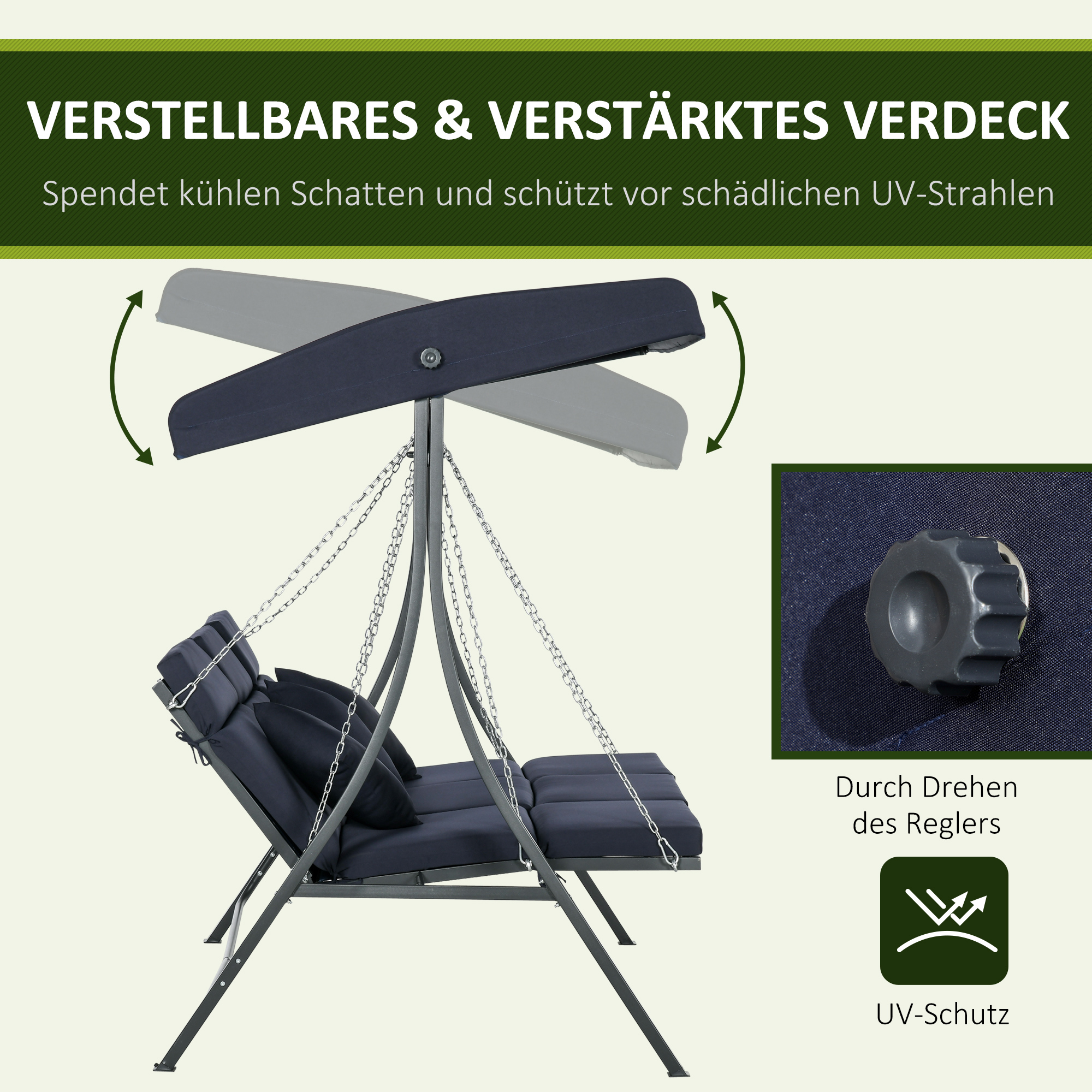 Outsunny Hollywood-schommel, voor 3 personen, verstelbaar zonnedak, tot 270 kg, donkerblauw, 198 x 118 x 168 cm