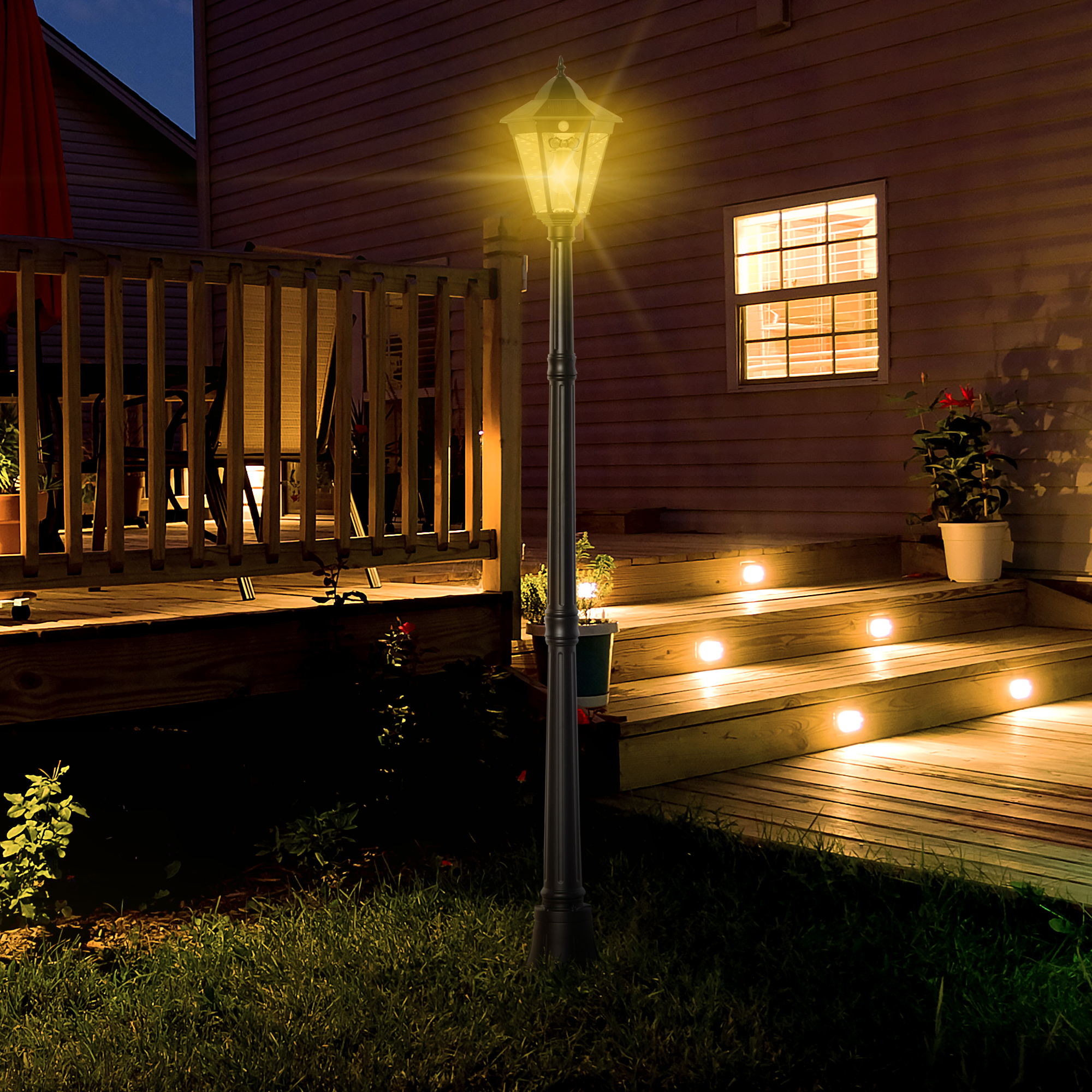 Outsunny Solar Tuinlantaarn Lantaarn Tuinlamp Pad Licht met 19 LED 130 Lumen 3000K Aluminium Gehard Glas Zwart 22 x 22 x 194 cm