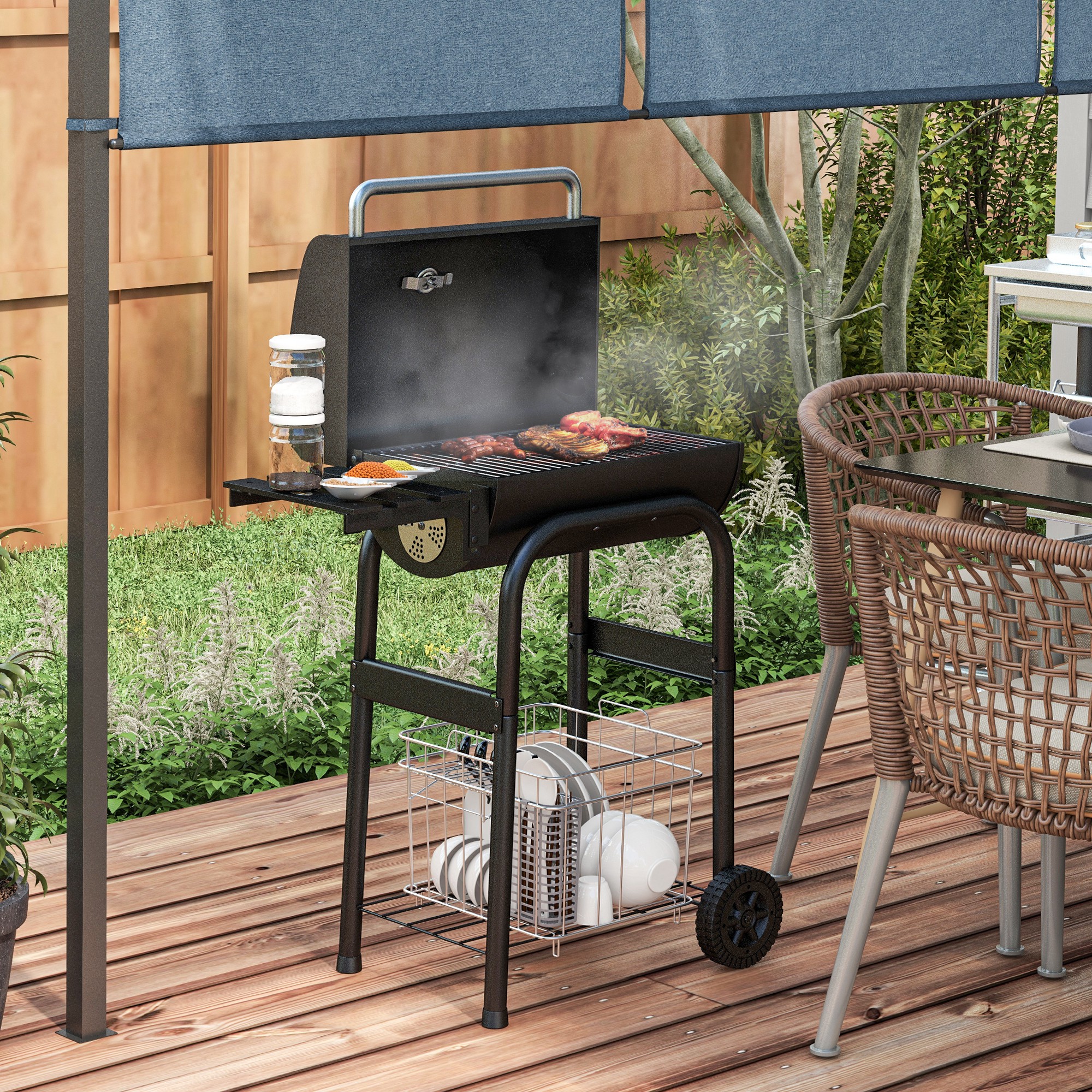 Outsunny Houtskoolgrill Smoker BBQ-Grill, 1 Plank, inclusief Thermometer, 83 x 46,5 x 115 cm, Zwart