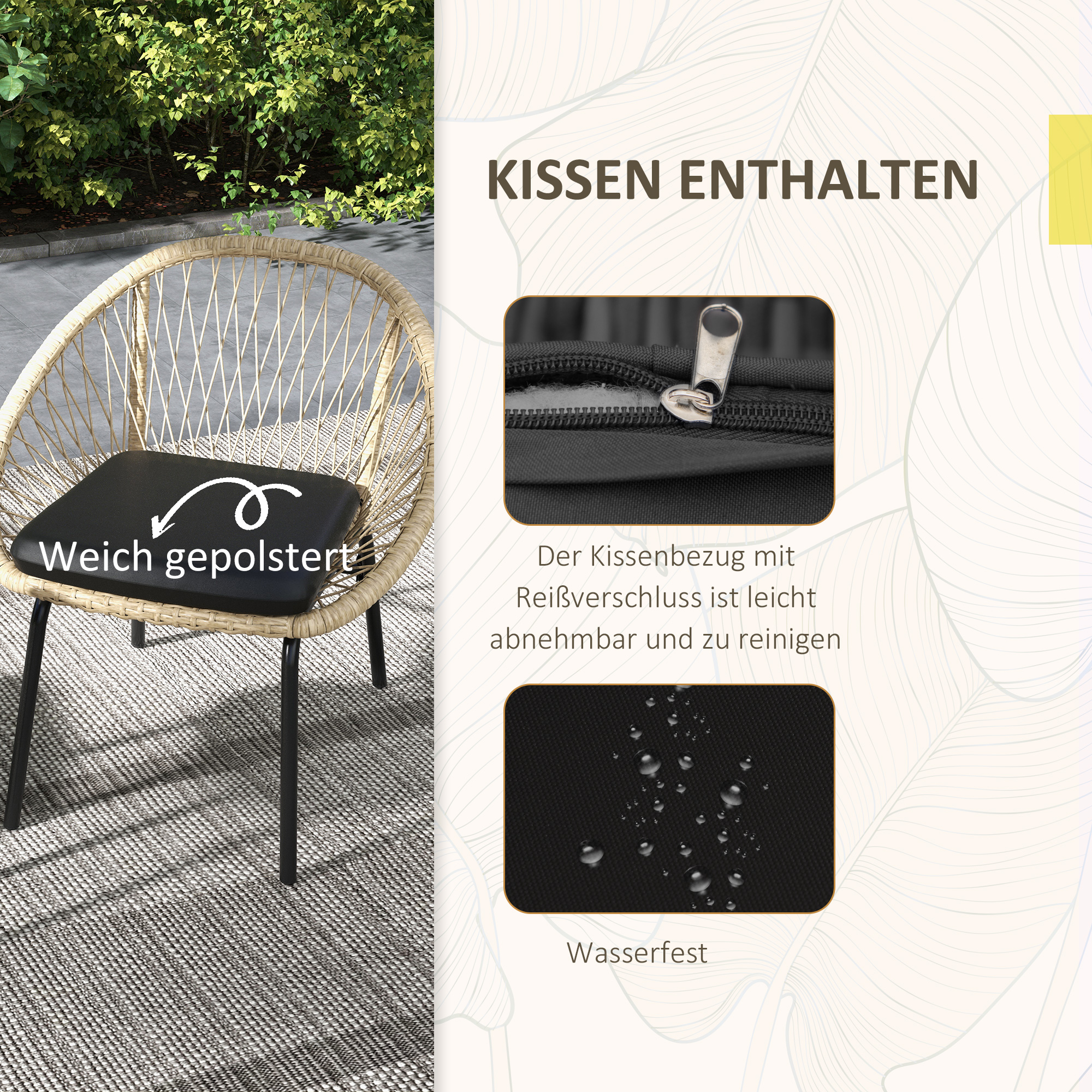 Outsunny Rieten Terrasmeubelset, Tuinmeubelset, 2 Stoelen & Tafel, Geel