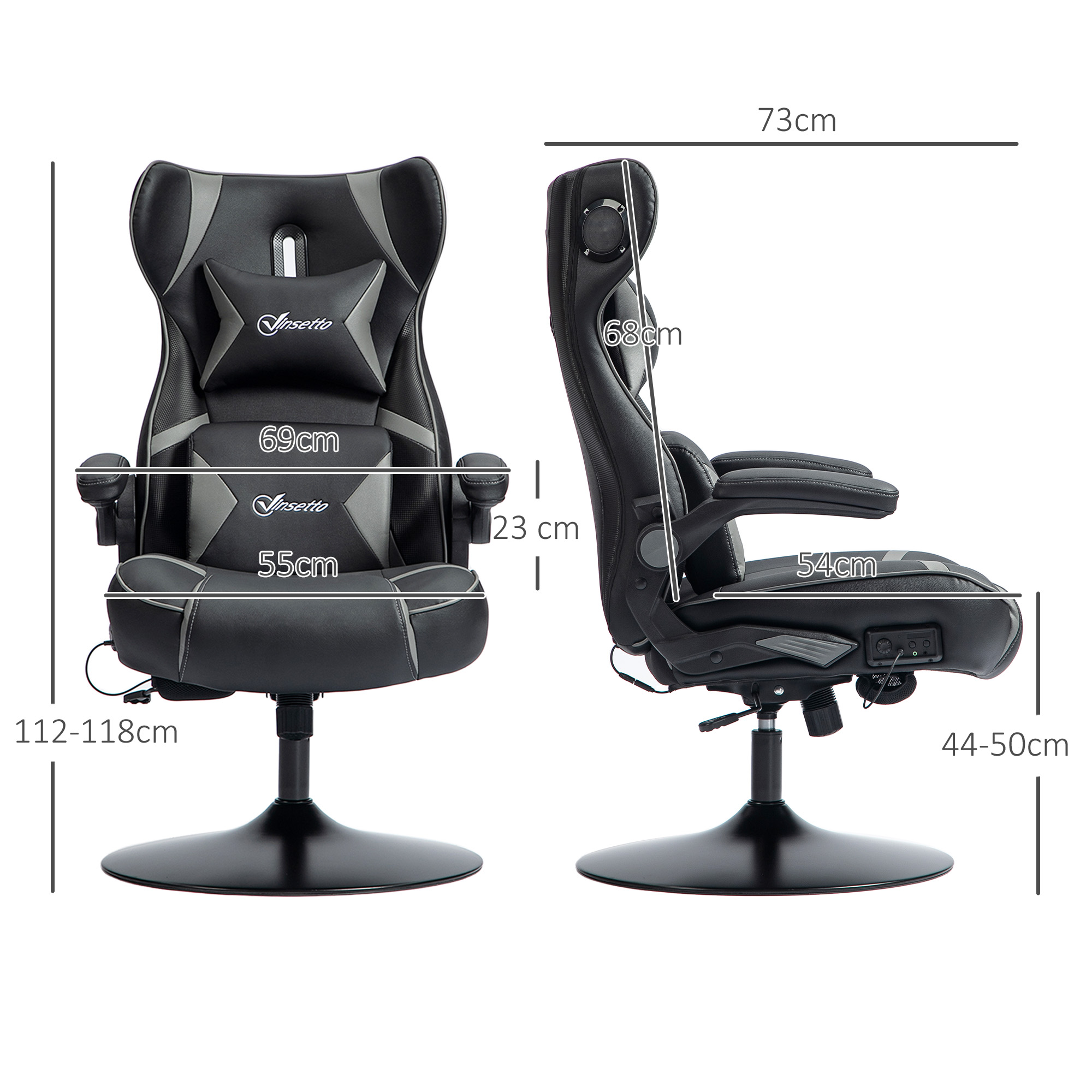 Vinsetto Gamingstoel met Schommelfunctie en Luidspreker, Lenden- en Neksteun, voor Speelkamer, Kunstleer, Grijs+Zwart