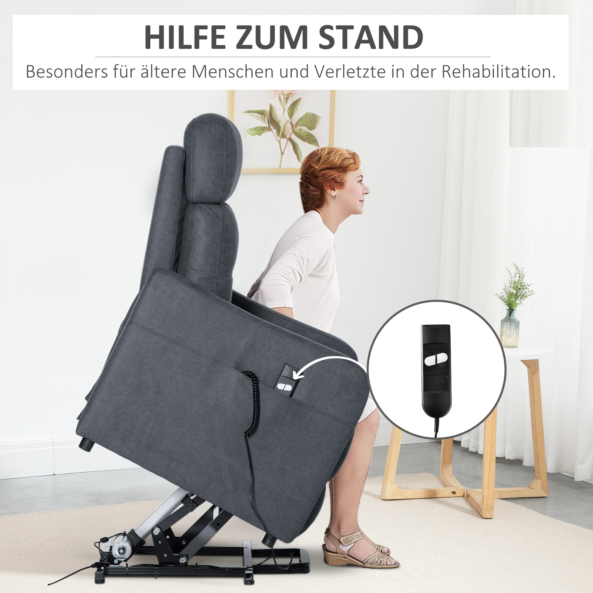 HOMCOM elektrische fauteuil TV fauteuil fauteuil met opstahulp Relax fauteuil met ligfunctie met afstandsbediening polyester stof grijs 71 x 94 x104 cm