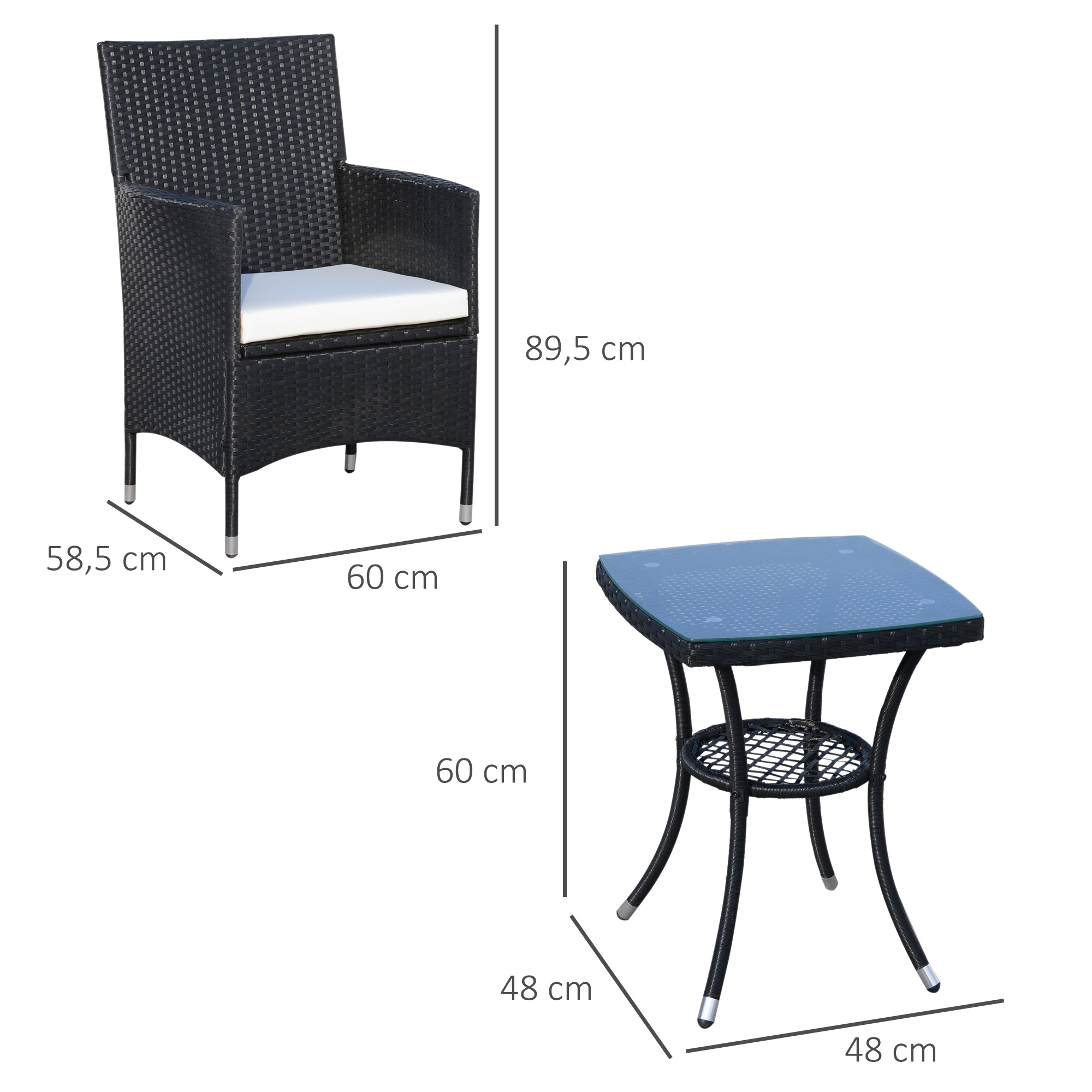 Outsunny 3-delige zitgroep voor in de tuin, rotan tuinset, poly-rotan, zwart