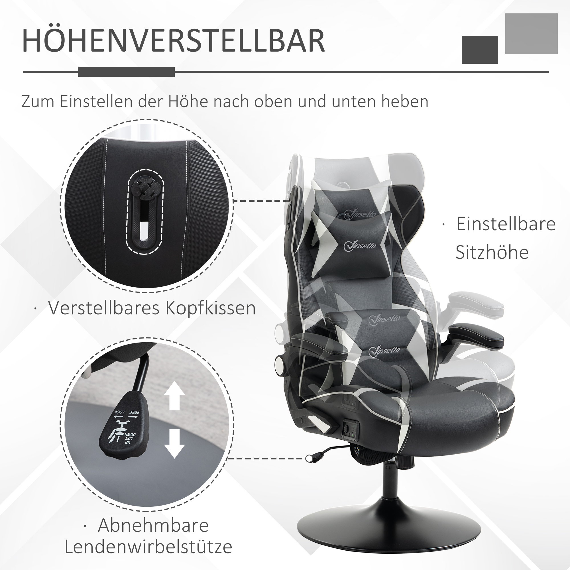 Vinsetto gamestoel, gamestoel, geïntegreerde luidsprekers, verstelbare rugleuning, zwart+wit, 69 x 73 x 118 cm