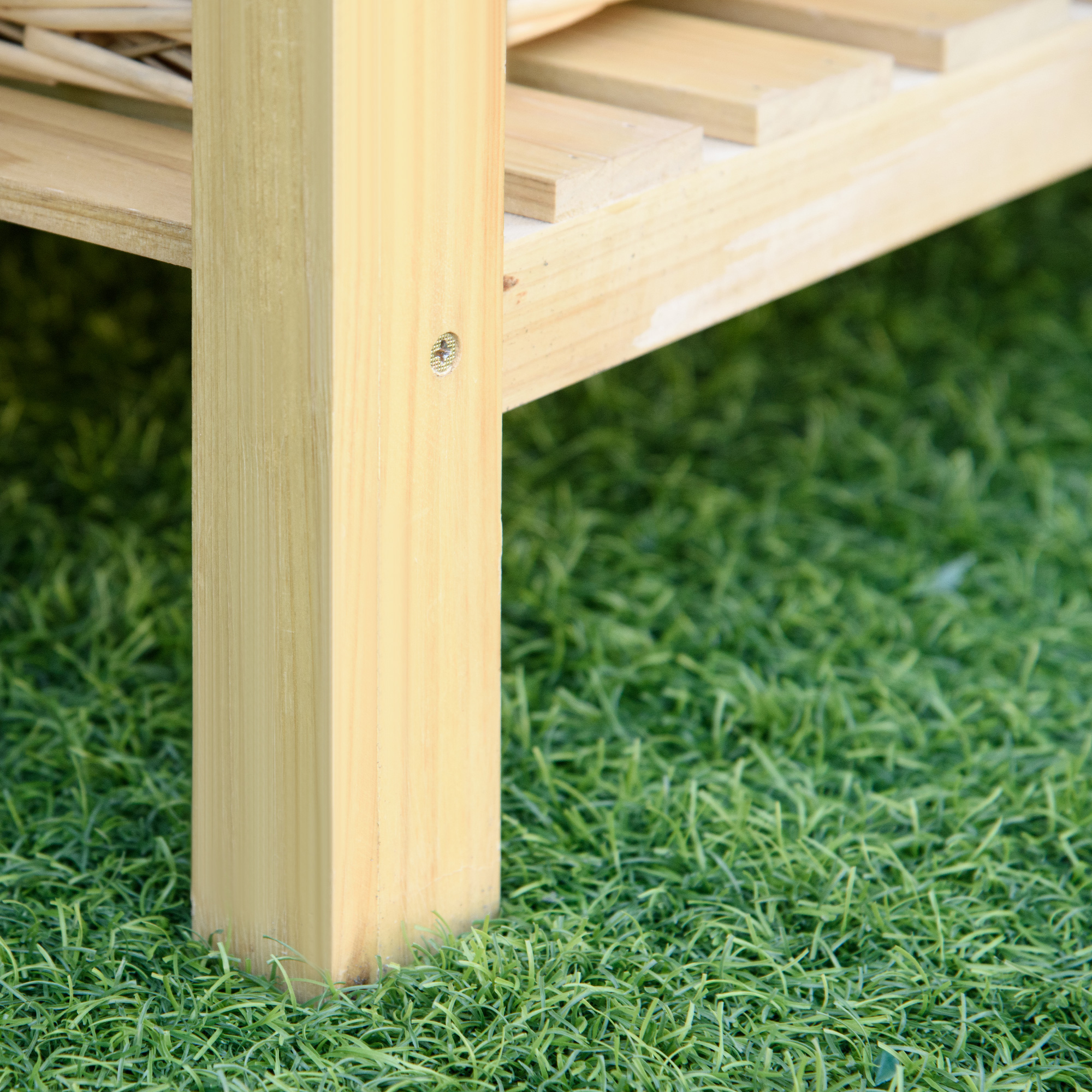 Outsunny plantentafel tuintafel met 8 haken ladeplank bloementafel van hout voor tuinterras naturel 151 x 45,5 x 143 cm