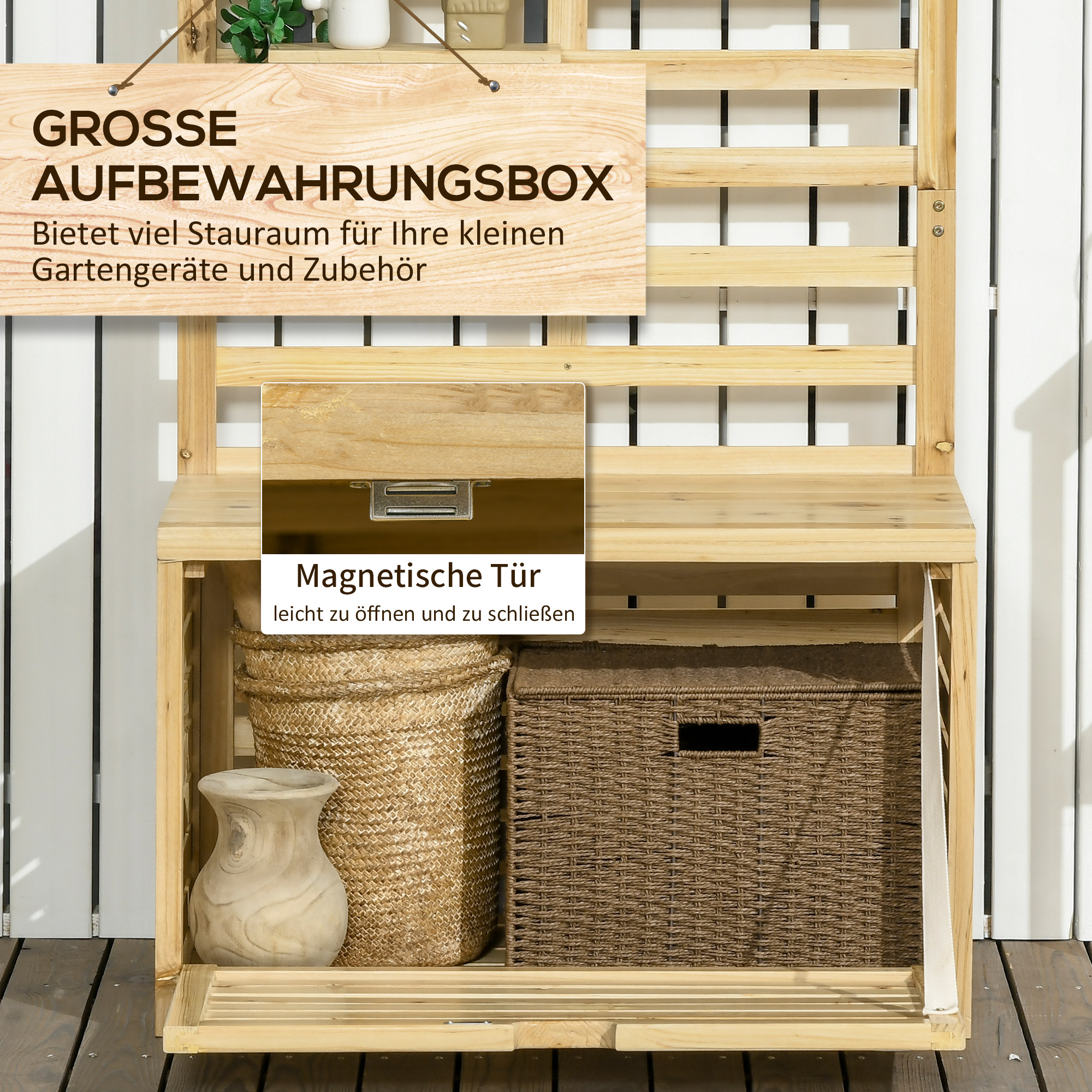 Outsunny opbergdoos, tuinkist met hekwerk, opbergdoos met planken