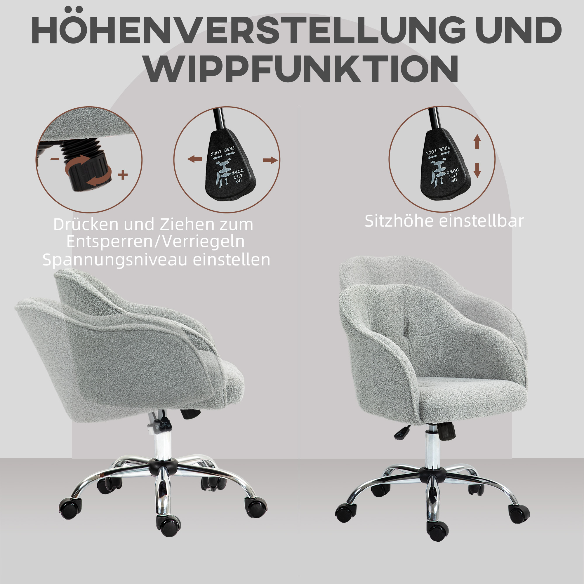 HOMCOM Thuiswerkstoel, Ergonomische Bureaustoel met Wippfunctie, Teddysamtoptiek 56 x 61 x 86 cm Grijs