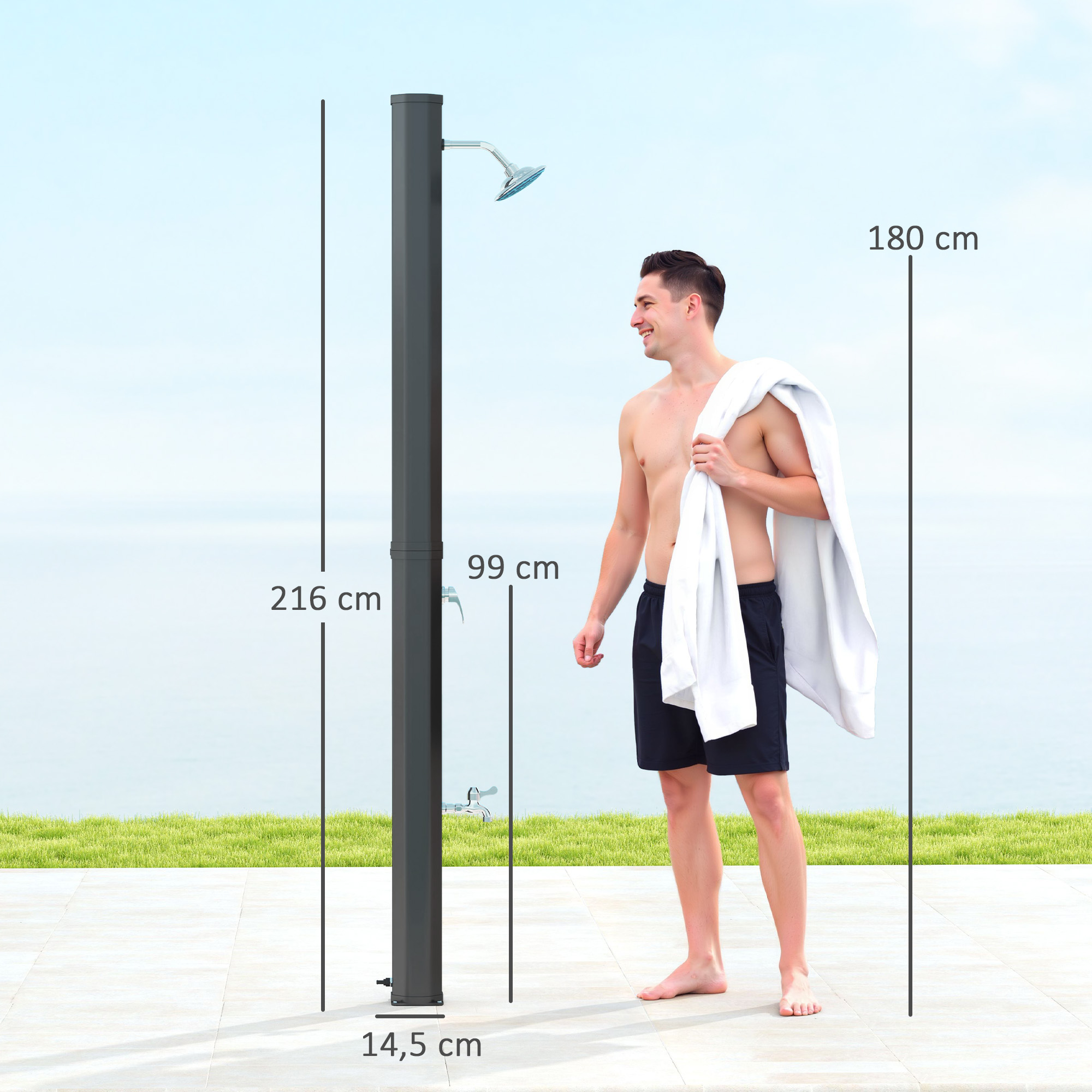 Outsunny Zonnedouche 35 Liter Met Waterkraan, Douchekop, Handdouche en Zijtafeltje, tot 55 °C, Zwart