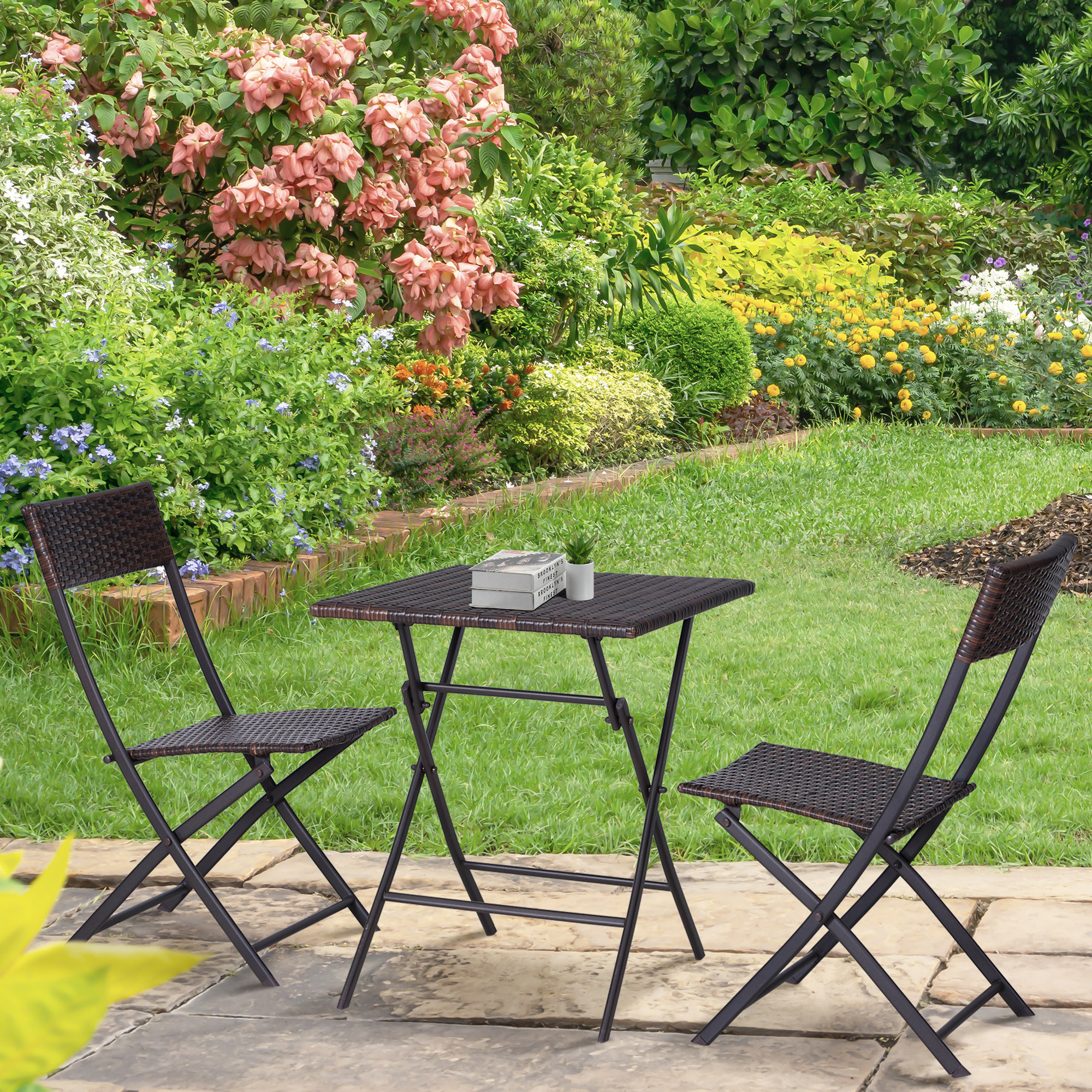 Outsunny 3-delig poly-rotan Bistro zitgroep tafel-stoel set tuinset tuinmeubels