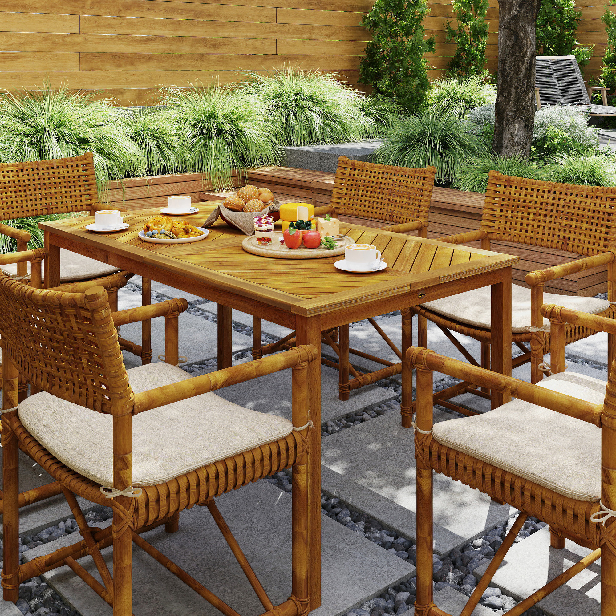 Outsunny Tuintafel inklapbaar 150x85cm, Weerbestendige Balkontafel van Hout, 6-Persoons met Parasolgat, Lamellenontwerp Teak