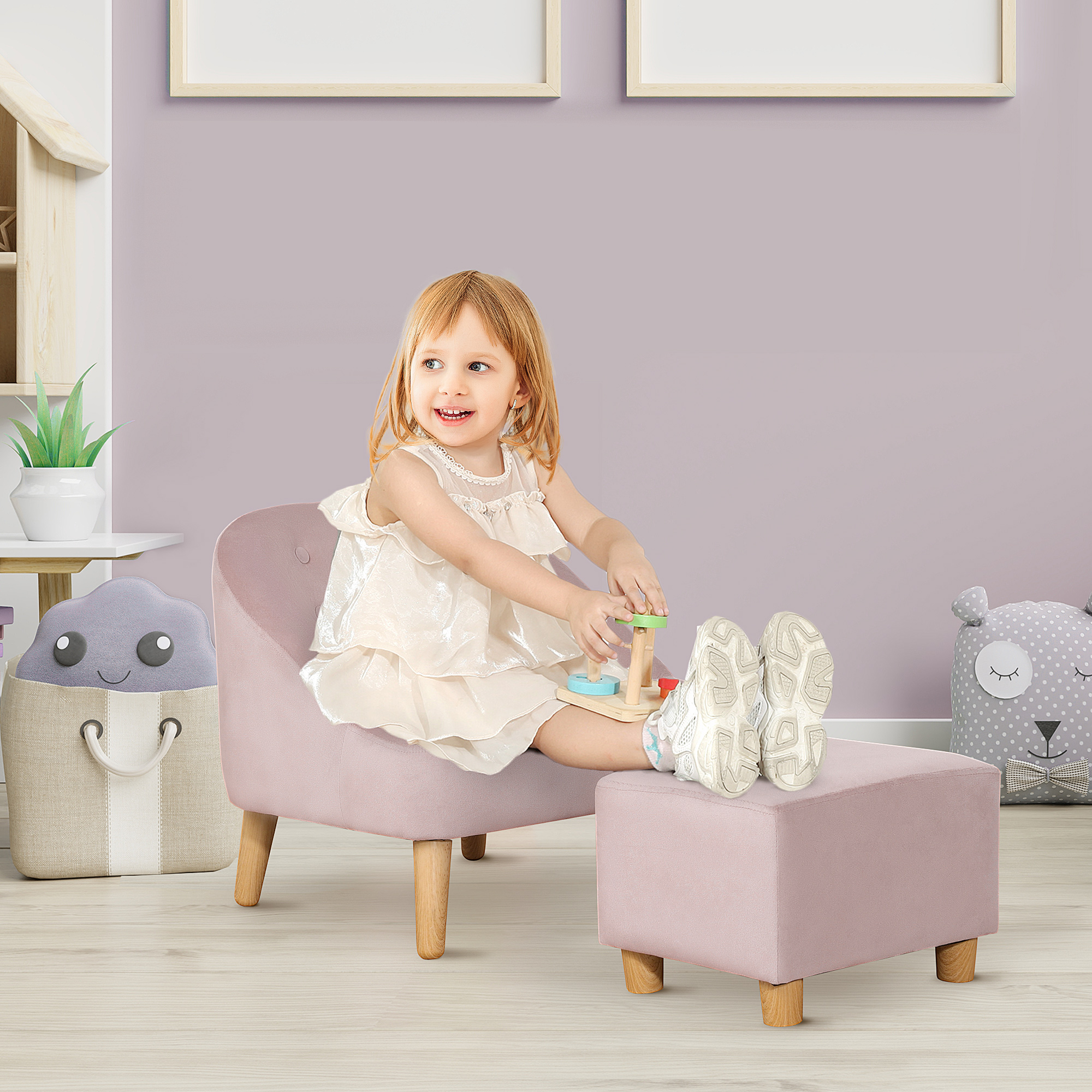 Homcom kinderfauteuil met voetenbank voor kinderen van 3 tot 5 jaar, schattig fluwelen design, 51 cm x 51 cm x 50 cm, roze