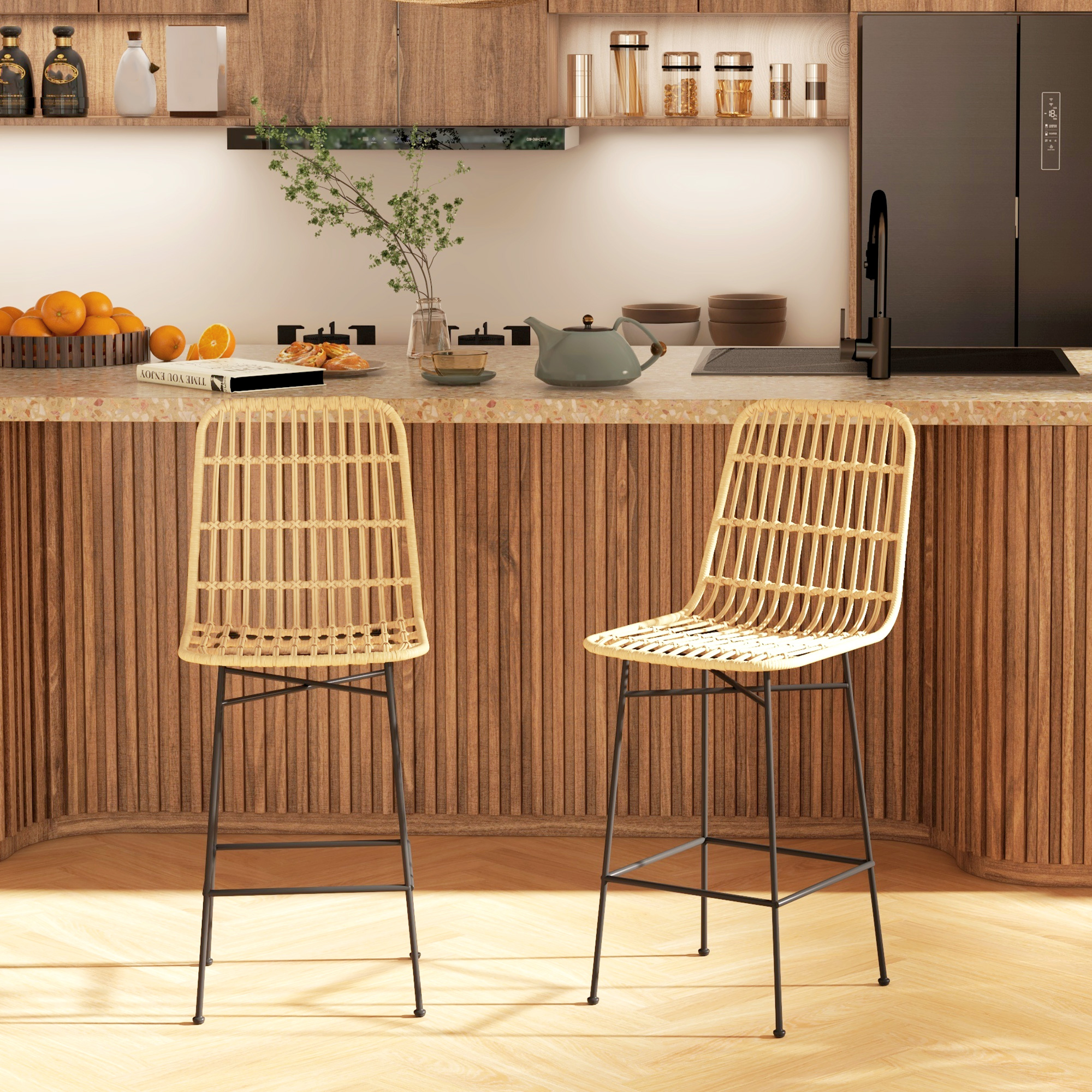 HOMCOM Barkruk Barstoel, Boho-stijl, PE-rattan, 45 x 53,5 x 105 cm, Natuur + Zwart