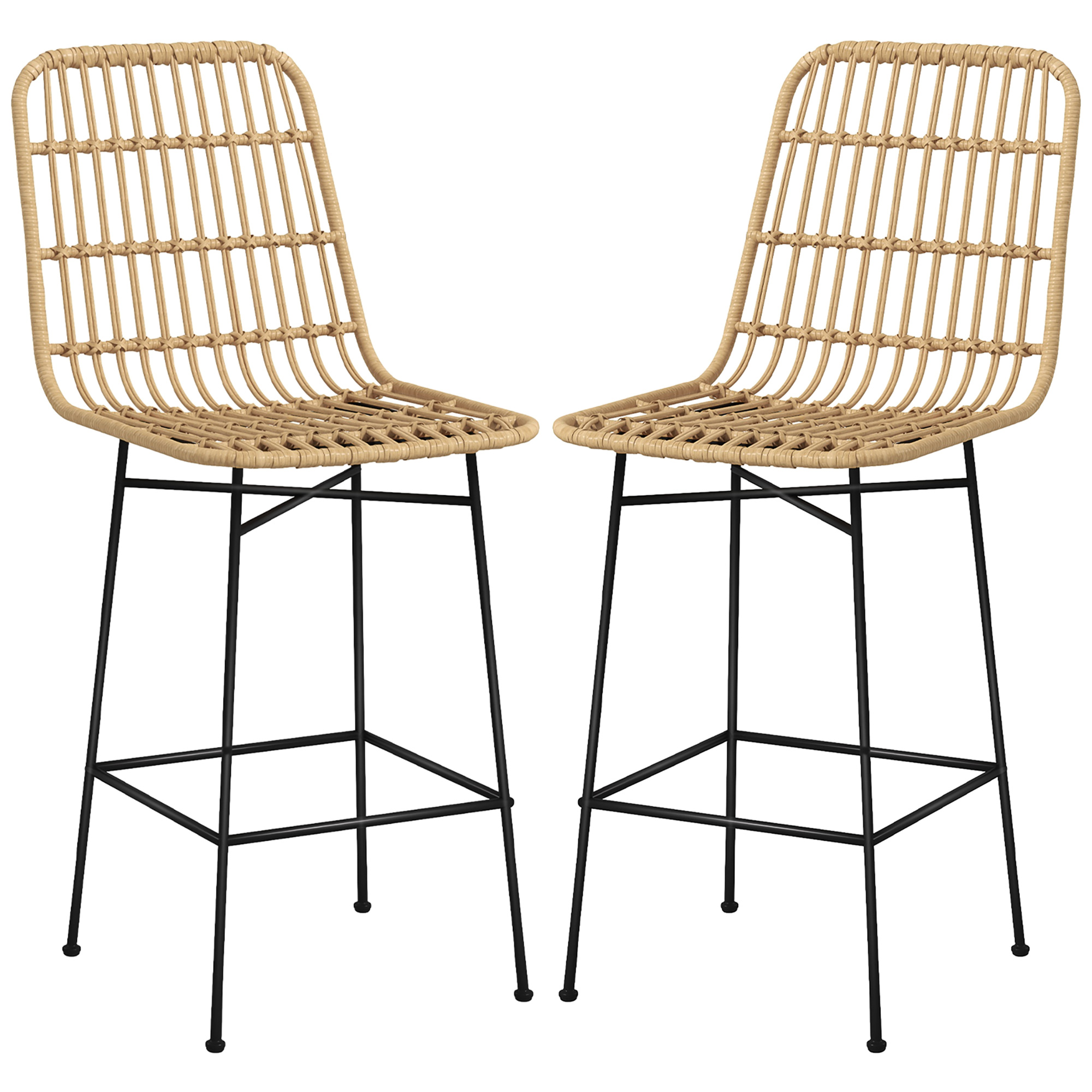 HOMCOM Barkruk Barstoel, Boho-stijl, PE-rattan, 45 x 53,5 x 105 cm, Natuur + Zwart