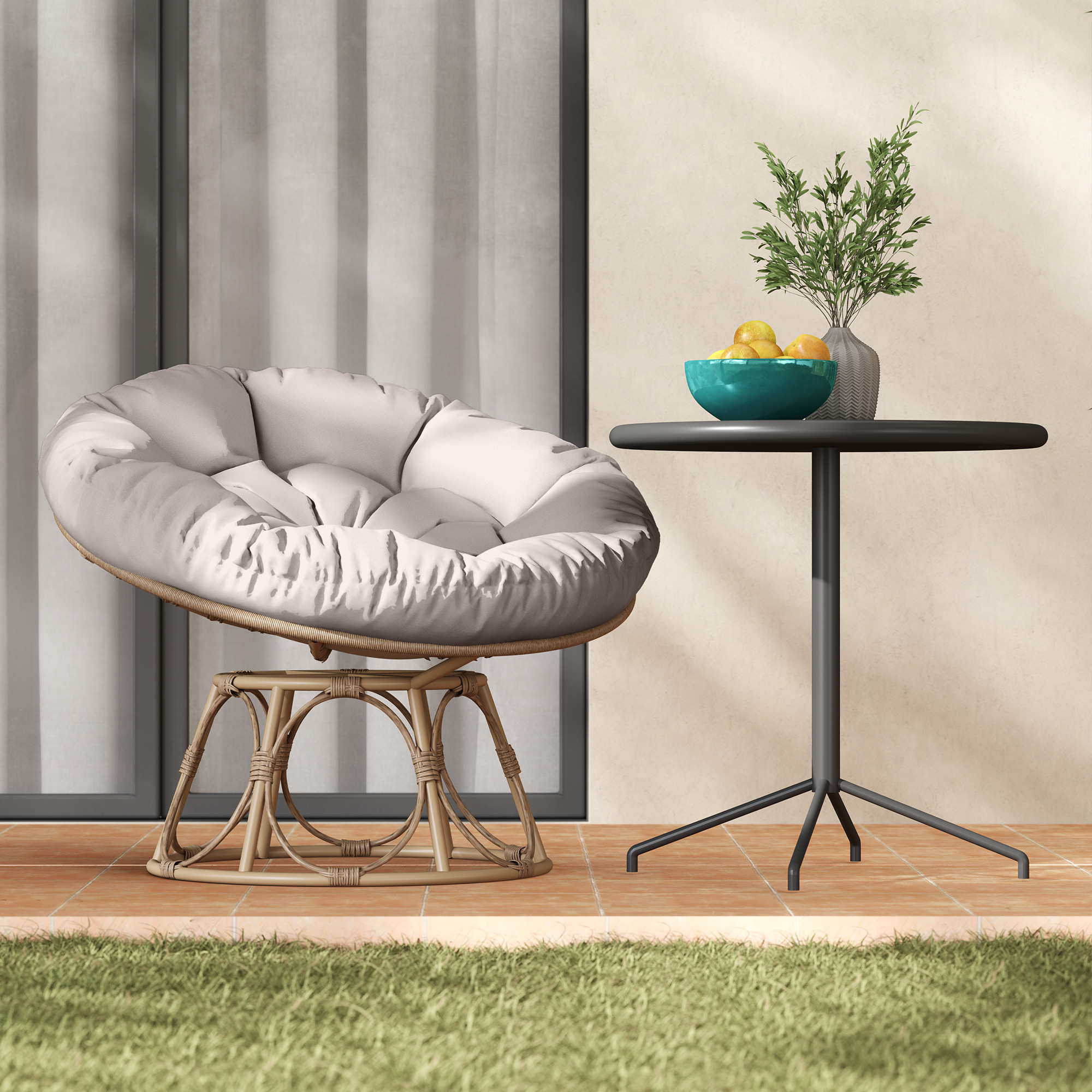 Outsunny Papasan Draaistoel Rotan 360° met Zitkussen, Ronde Buitenstoel