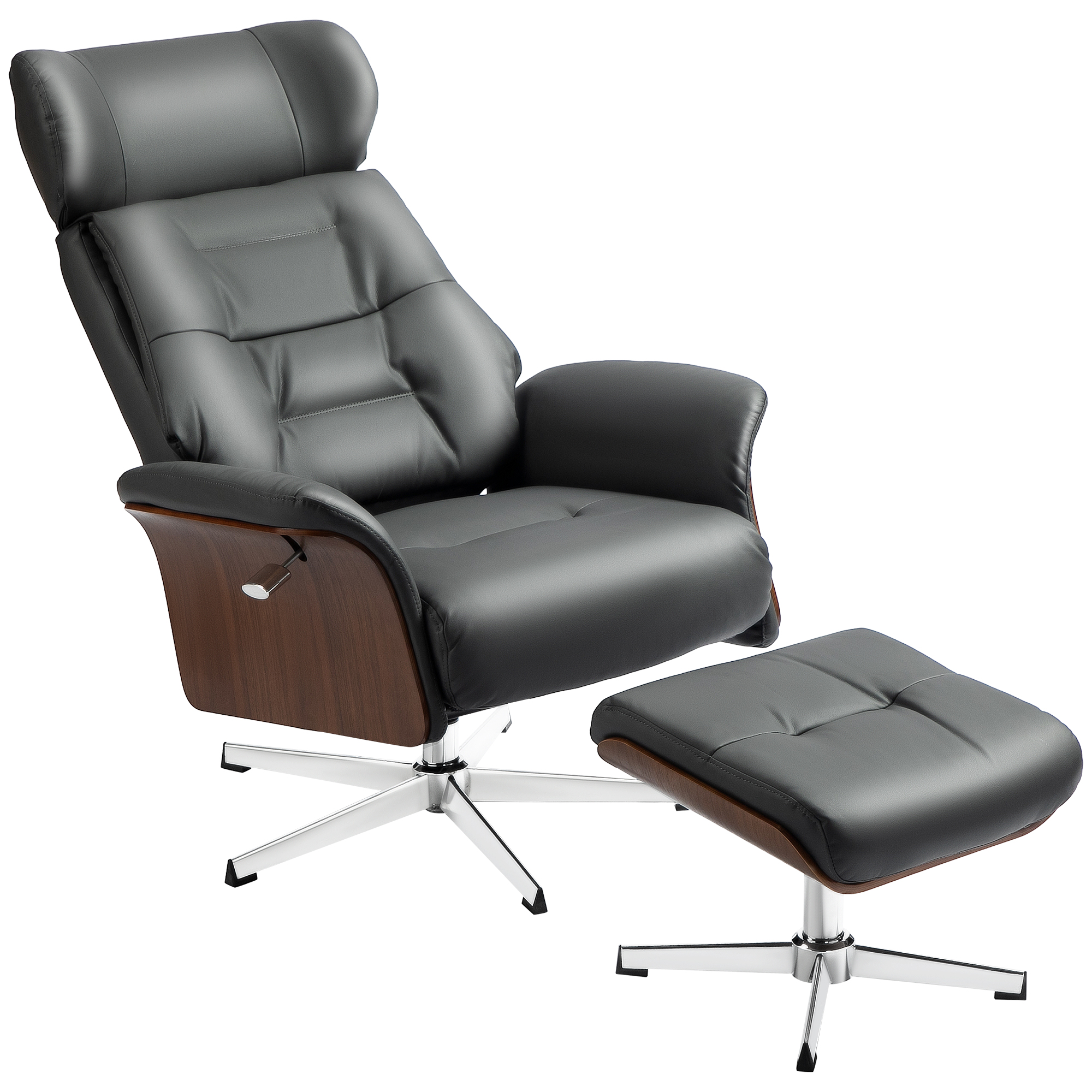 HOMCOM Relaxstoel met kruk, Ligfunctie, Draaibaar, Lederlook, tot 150 kg, Donkergrijs