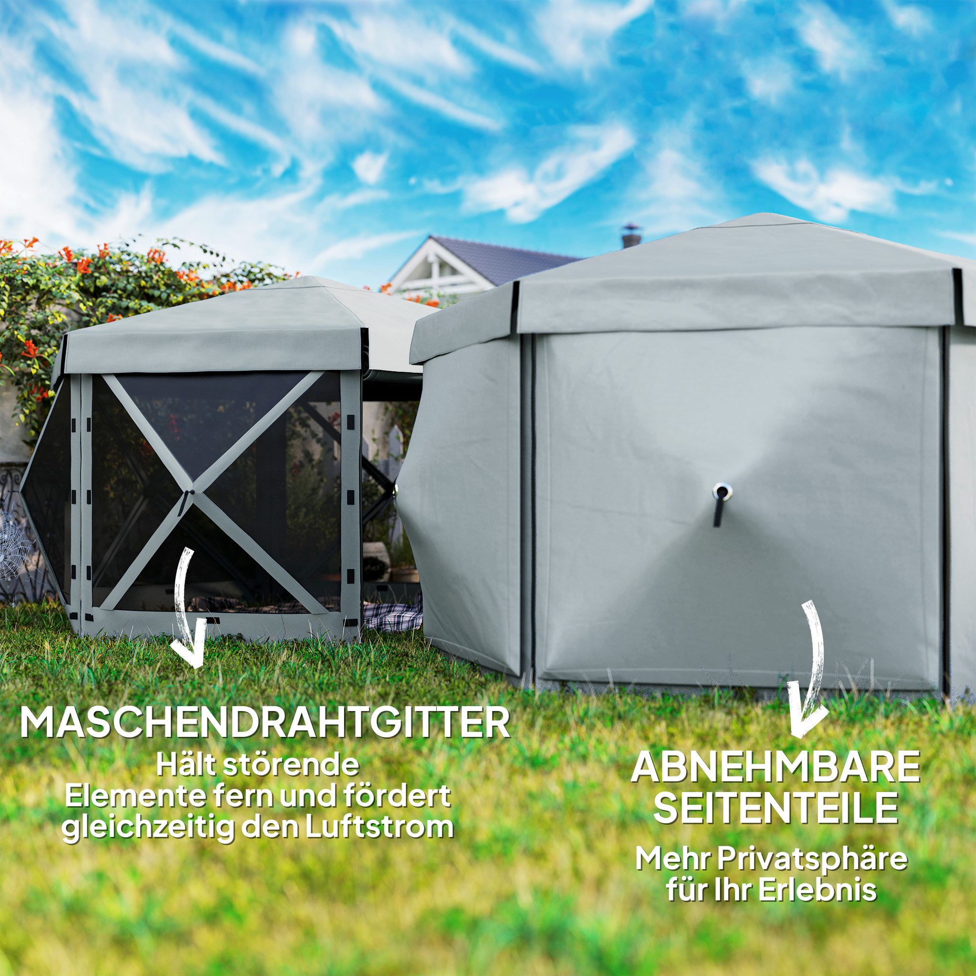 Outsunny Tuin-Paviljoen, Tuintent met 5 Gaaswanden en Draagtas, Waterdicht, UV-bestendig, Partytent, Lichtgrijs