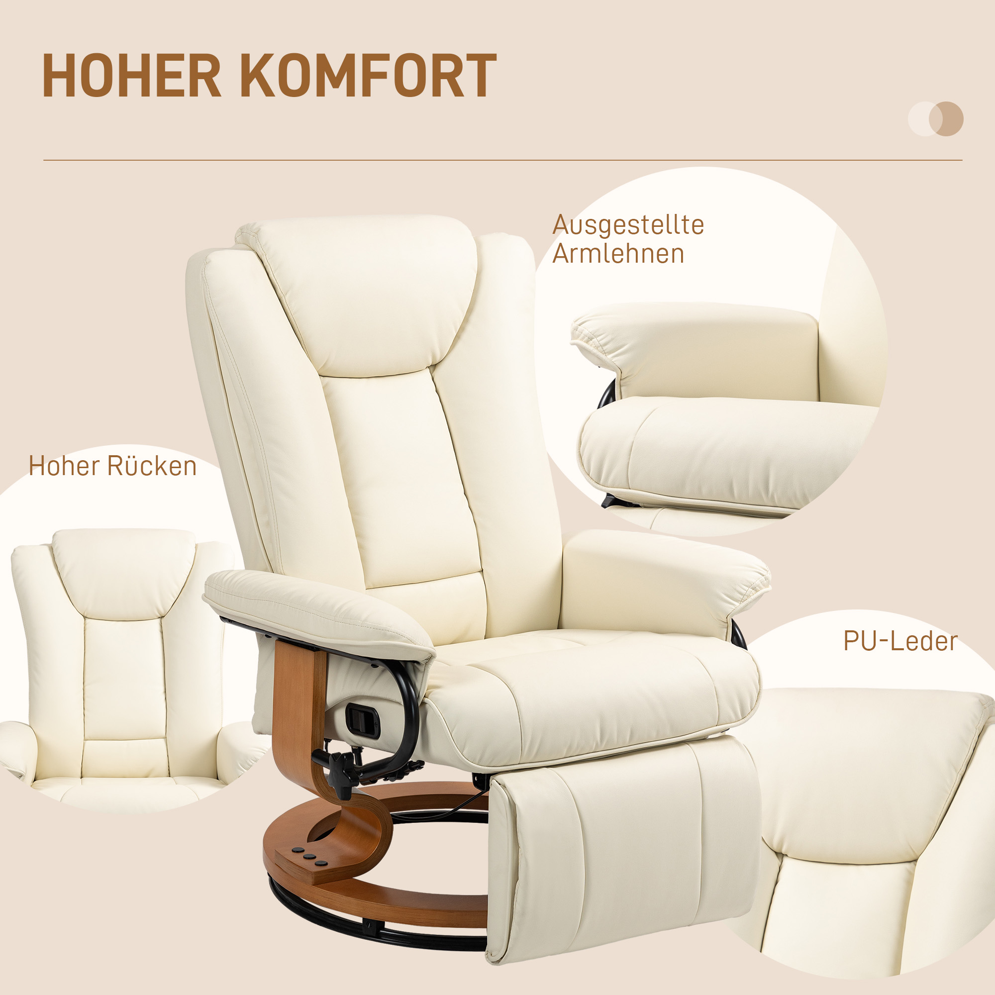 HOMCOM Relaxstoel met Ligfunctie, Draaibaar, tot 150 kg, Kunstleerbekleding, Stalen Frame, Crèmewit