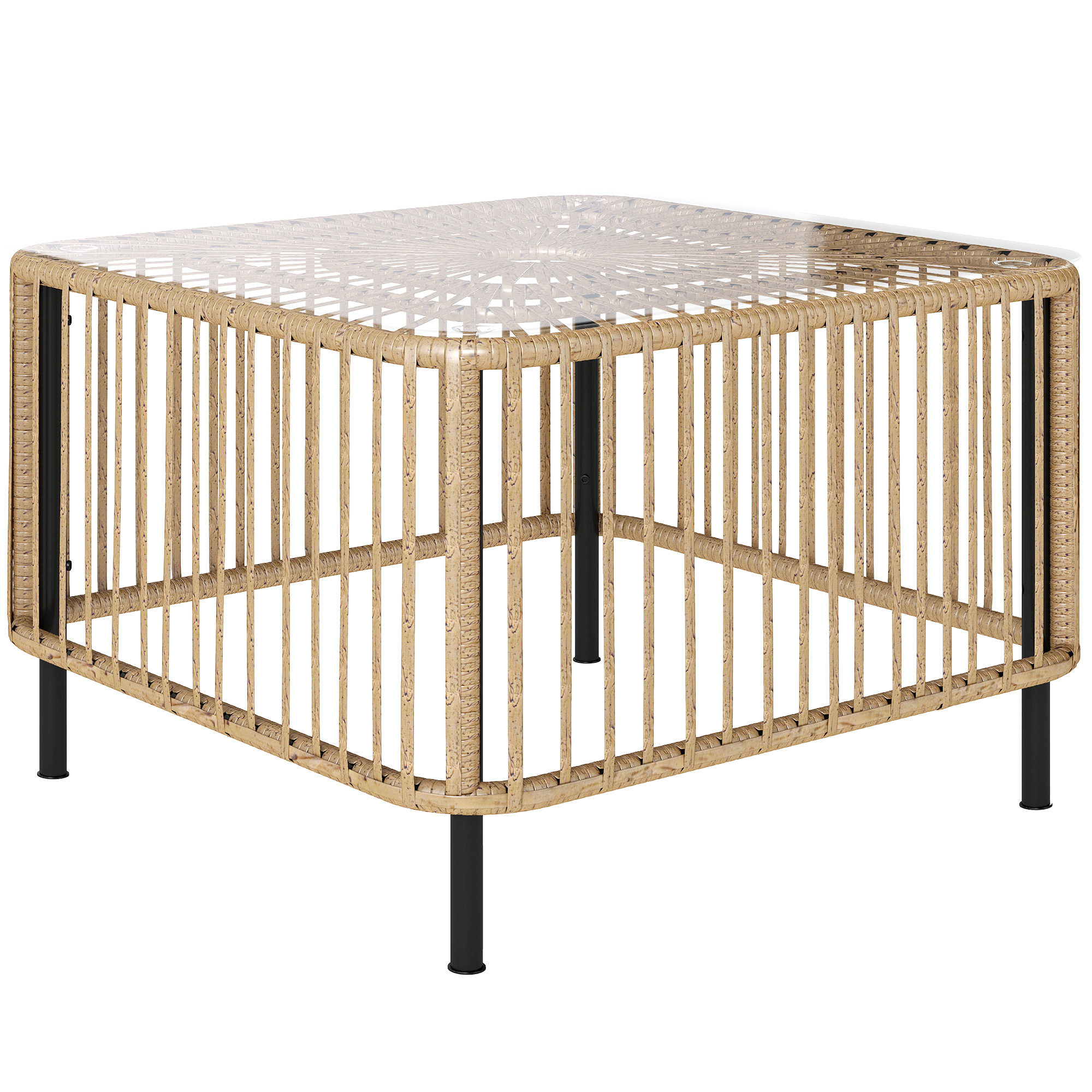 Outsunny Polyrattan Tuintafel, 65 x 65 x 43 cm, Weerbestendige Bijzettafel Vierkant met Glazen Plaat, Natuurlijk Hout
