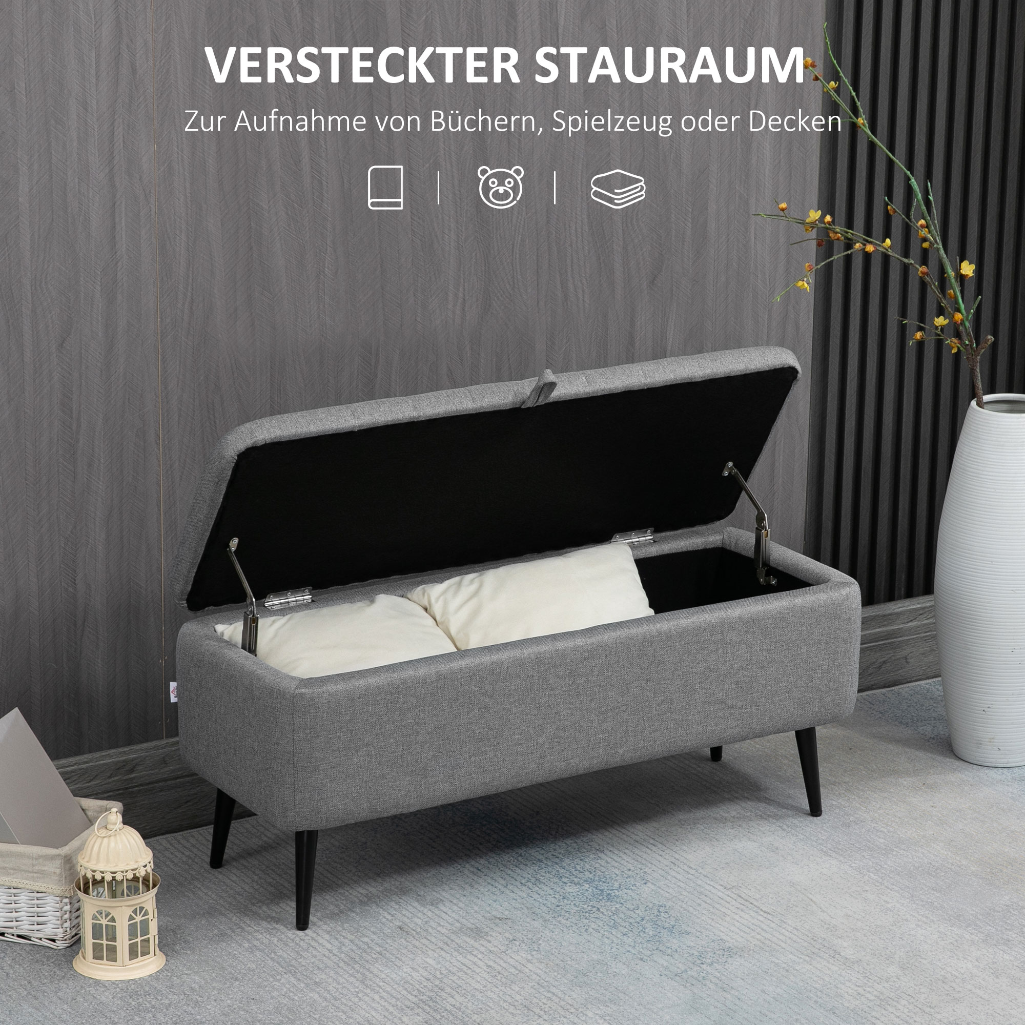 HOMCOM Zitbank met Opbergruimte, Gestoffeerde Bank met Linnenlook, Opbergbank met Stalen Poten 102 x 40 x 44 cm, Grijs