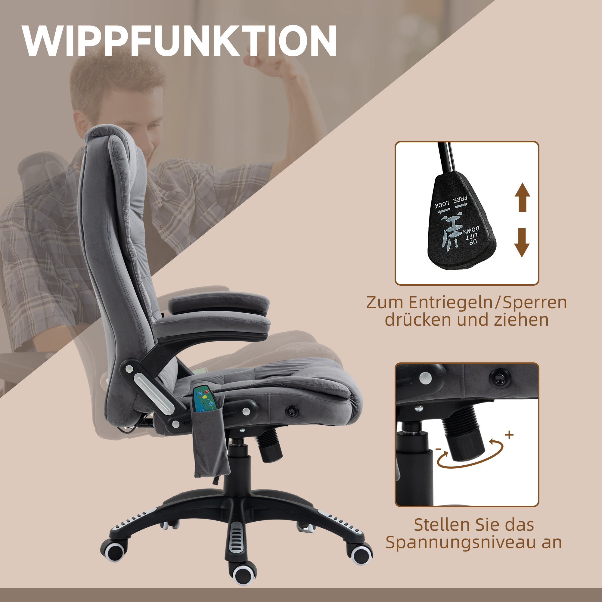 Vinsetto Bureaustoel met Massage- & Verwarmingselement, ergonomisch, in hoogte verstelbaar, Donkergrijs