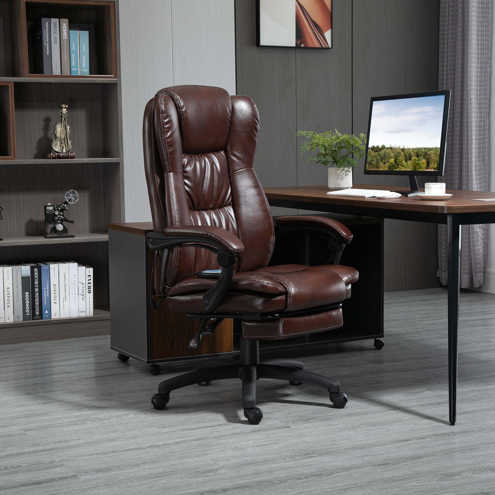 Vinsetto bureaustoel stoel directiestoel draaibare stoel met massagefunctie ligfunctie kunstleer schuimstof PP kunststof nylon bruin 68,5 x 68,5 x 119-127 cm