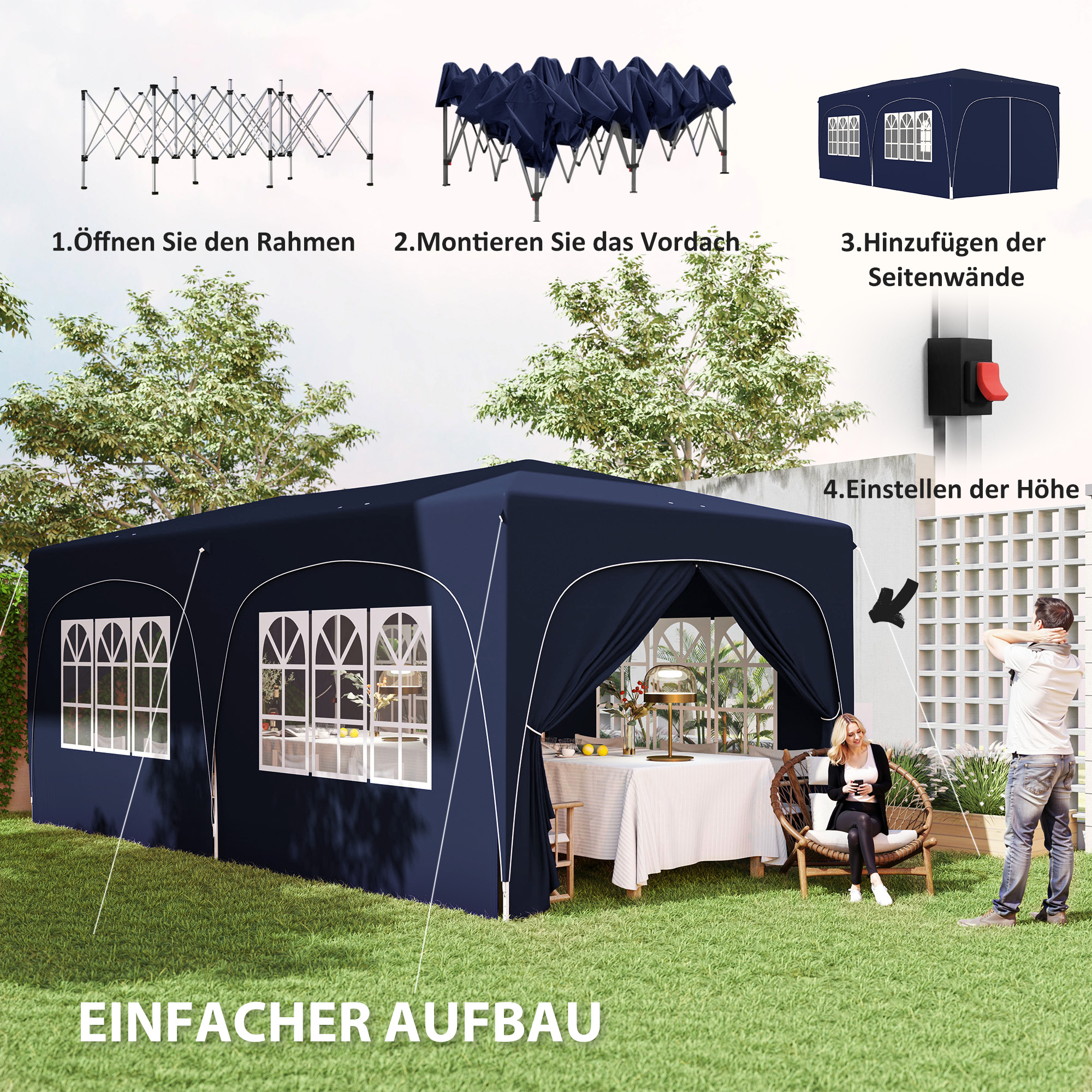 Outsunny 3 x 6 m Pop-up Paviljoen met Zijwanden, UPF50+ Hoogteverstelbaar Tuinpaviljoen met Draagtas en Zandzakken