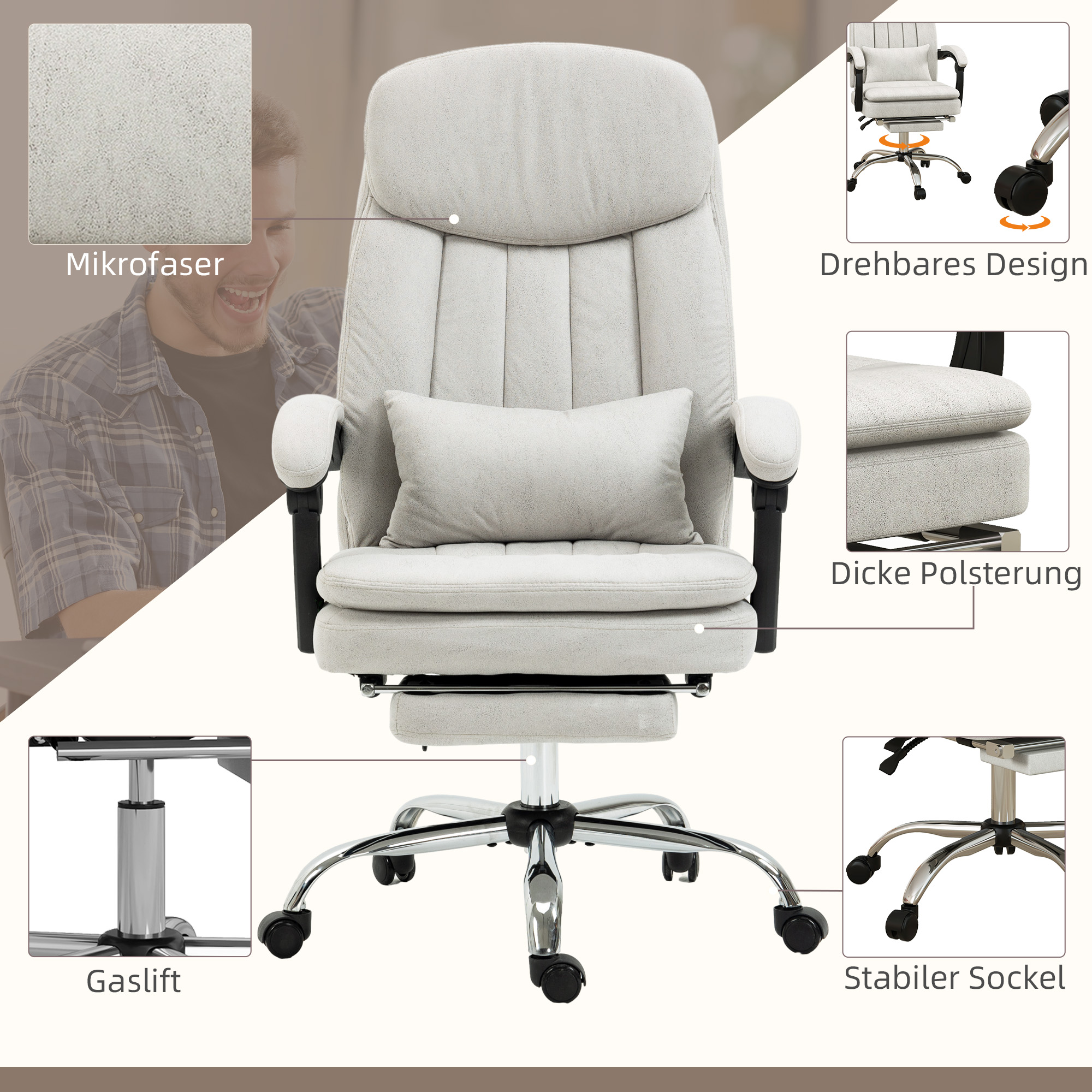 Vinsetto Bureaustoel met Massage- en Warmtefunctie, Ergonomisch, 66x67x110-118cm, Crèmewit