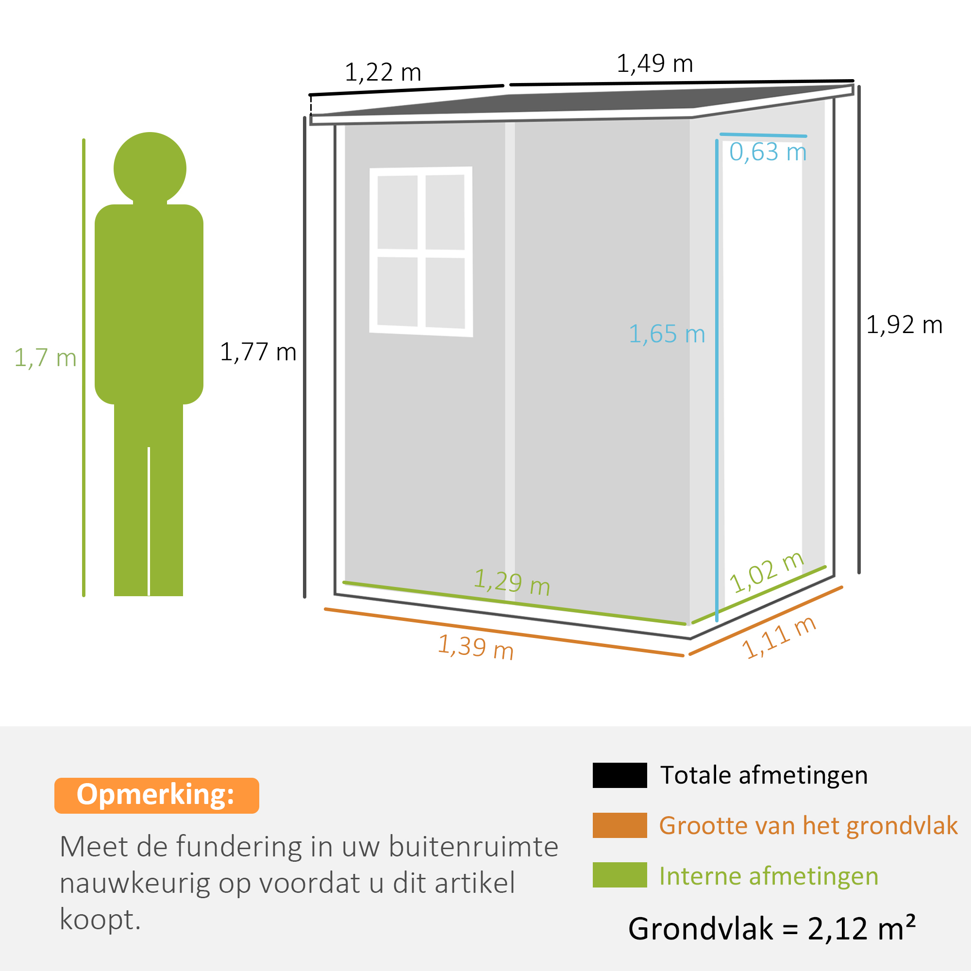 Outsunny Tuinschuur met Slot, Venster voor Daglicht & Ventilatie, Aluminium, 122 x 149 x 192/177 cm Grijs