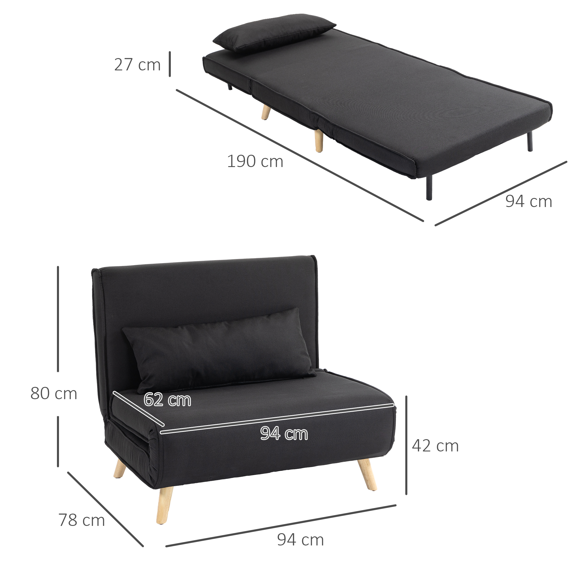 HOMCOM Relaxstoel met Bedfunctie, voor 1 Persoon, Modern Design, tot 350 kg, 94x78x80cm, Zwart