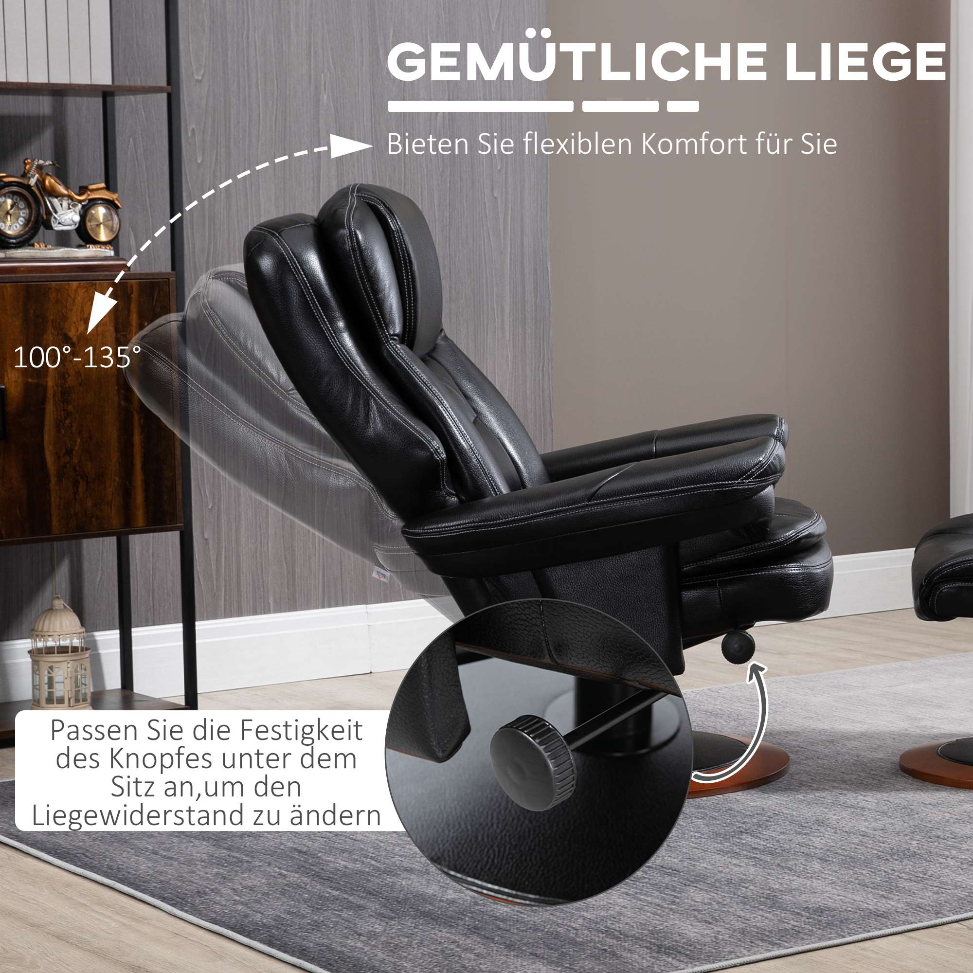 HOMCOM Fauteuil met voetenbank, relaxfauteuil, 360° draaibaar, verstelbare rugleuning, zwart+bruin