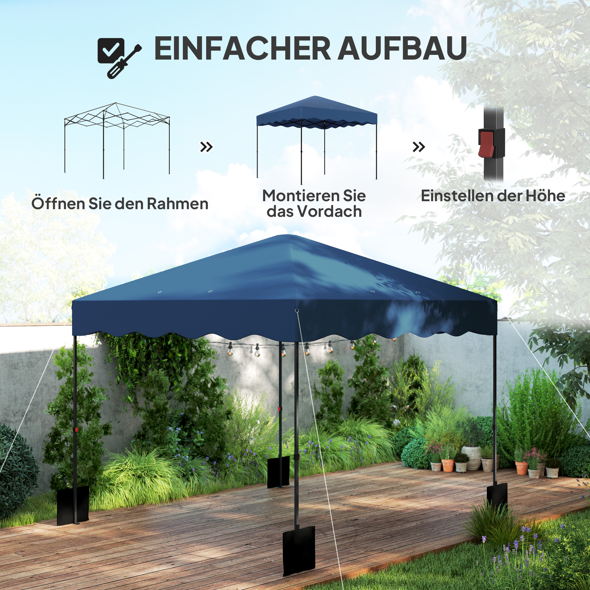 Outsunny 3 x 3 m Pop-up Paviljoen, Hoogteaanpasbaar Tuinpaviljoen, met RolTas, voor Tuin, Terras, Metaal, Stof, Donkerblauw