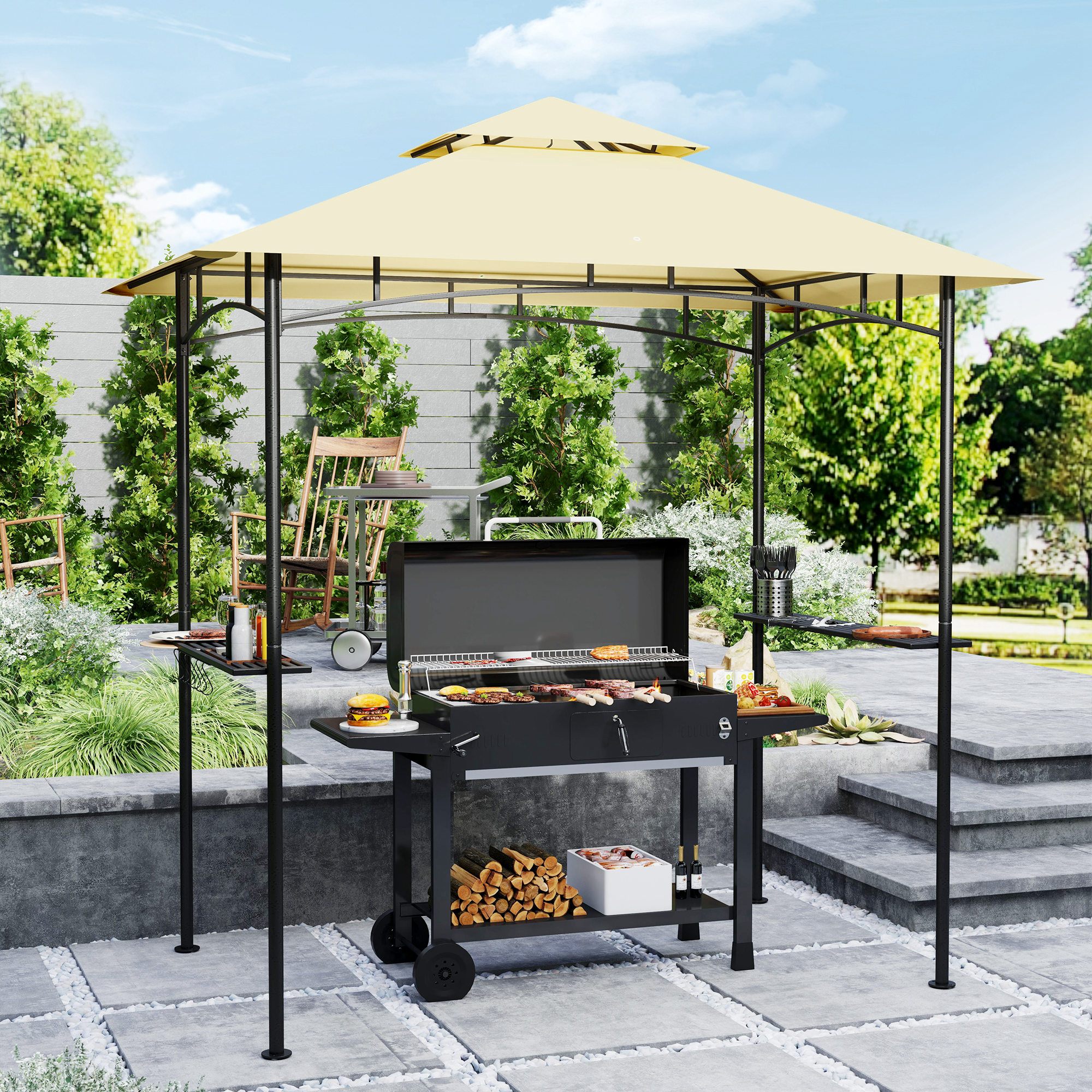 Outsunny Grillpaviljoen met LED 240 x 150 x 258 cm Waterafstotend Vlamvertragend Tuinpaviljoen met Dubbellaagse Overkapping