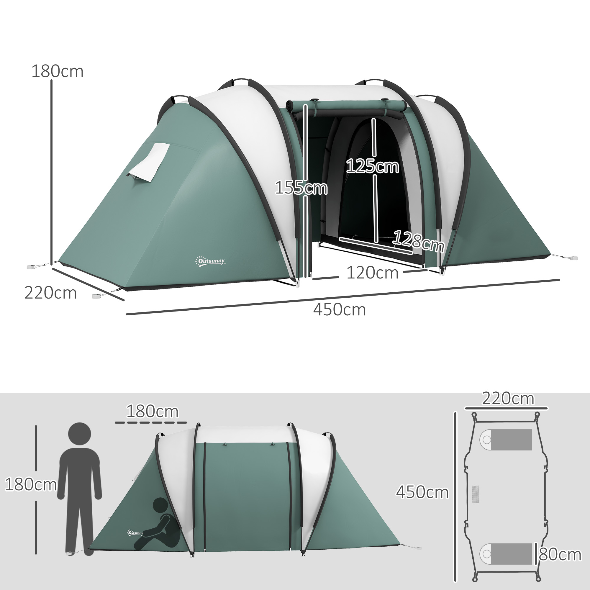 Outsunny Lichtgewicht Waterafstotende Campingtent voor 4-5 Personen met 3 Kamers, Zijdeur en Ramen in Donkergroen
