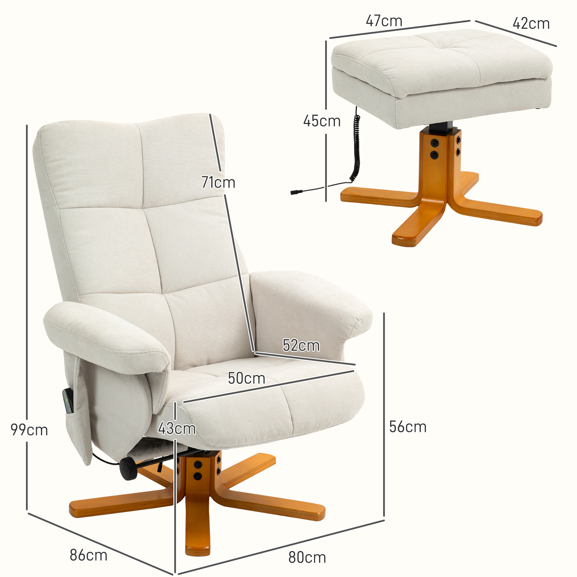 HOMCOM Massagestoel met Ligfunctie en Voetenbankje, 145°-Kanteling, Polyester, 80 x 86 x 99 cm, Crèmewit