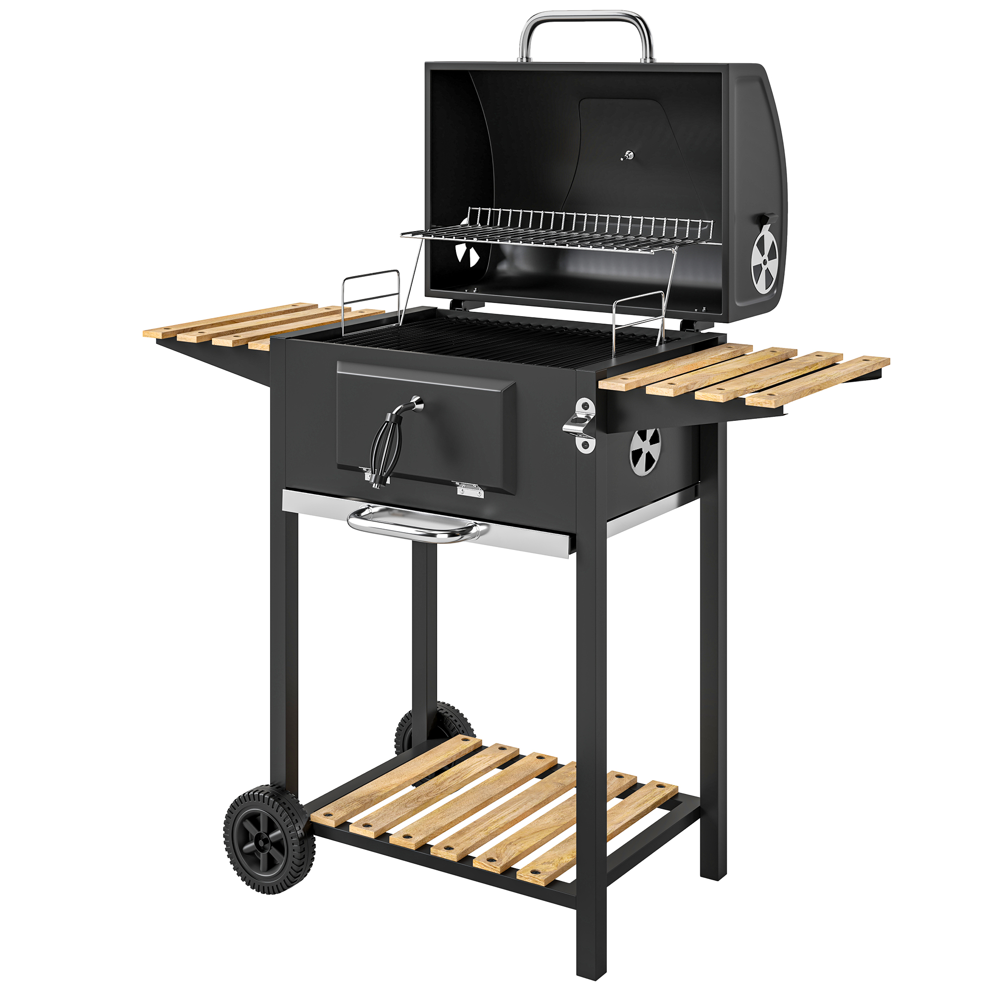 Outsunny Houtskoolgrill met verstelbare kolenbak, grillwagen, planken, thermometer, flesopener, staal, hout, zwart