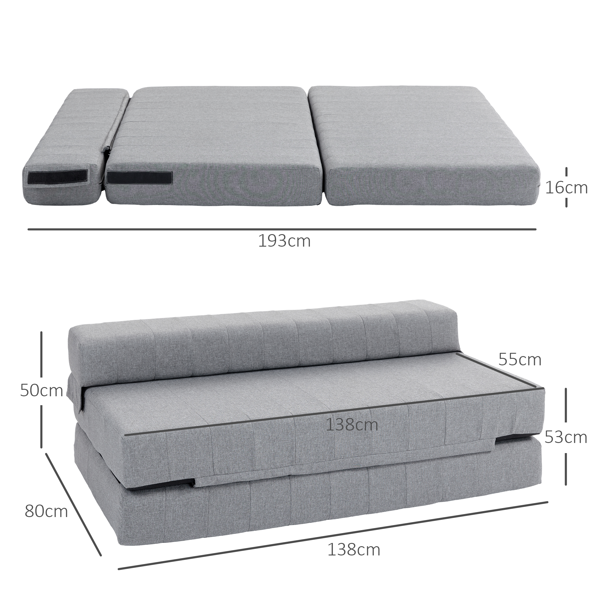 HOMCOM Opvouwbare Gastenbed Stoel, Slaapbank, Opvouwbaar, tot 250 kg, 138x80x50 cm, Grijs