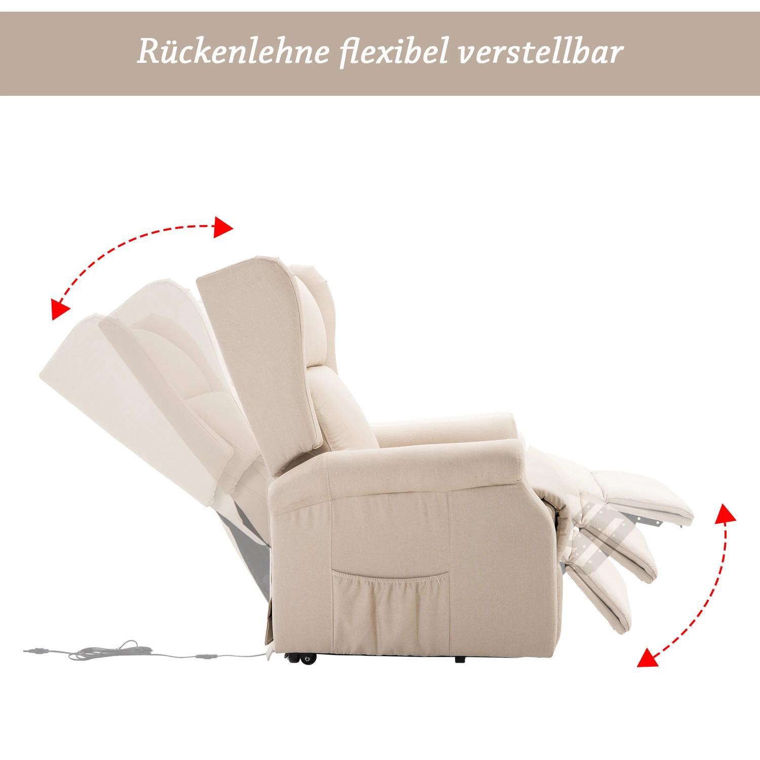HOMCOM® relaxstoel tv-stoel met elektrische opstahulp linnen hout schuimstof crème 72,5 x 94 x 109 cm | Aosom.nl