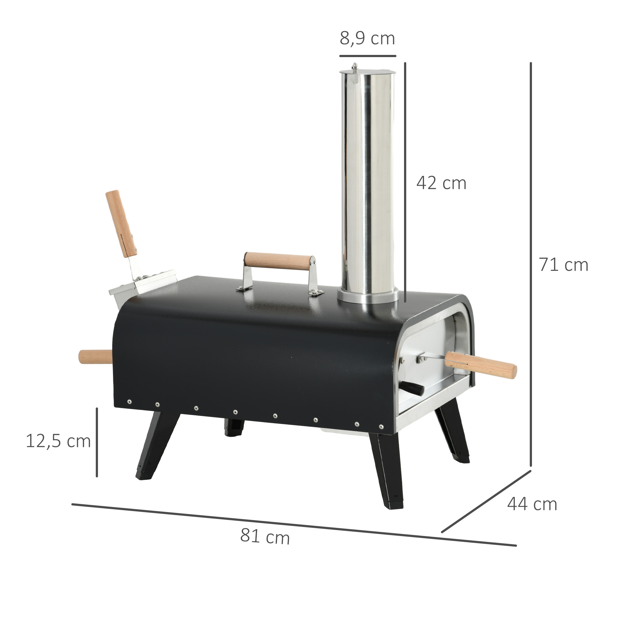 Outsunny Pizzaoven Pizza Houtoven, 1 Pizzaschep, 1 Pizzasteen, 81 x 40 x 72 cm, Zwart + Natuur