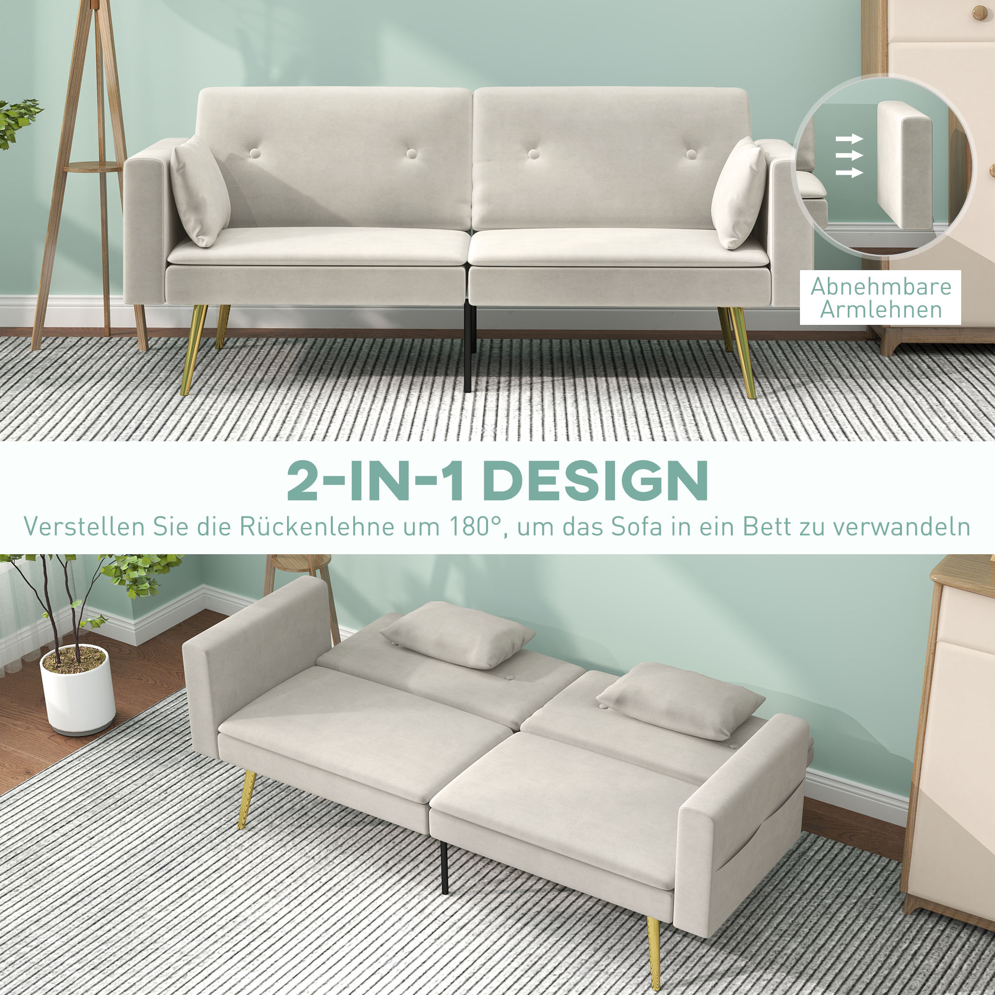 HOMCOM Tweezits Bedbank, Verstelbare Rugleuning, Zachte Kussens, Fluweelachtige Bekleding, voor Woonkamer, Gastenkamer, Beige