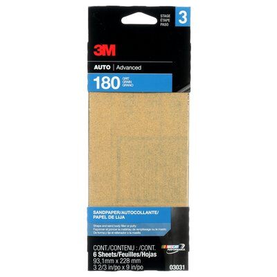 3M 03031NA-F  ~  3-2/3 Inch x 9 Inch Aluminum Oxide 180 Grit Plain Non-Vacuum Abrasive Paper Strip