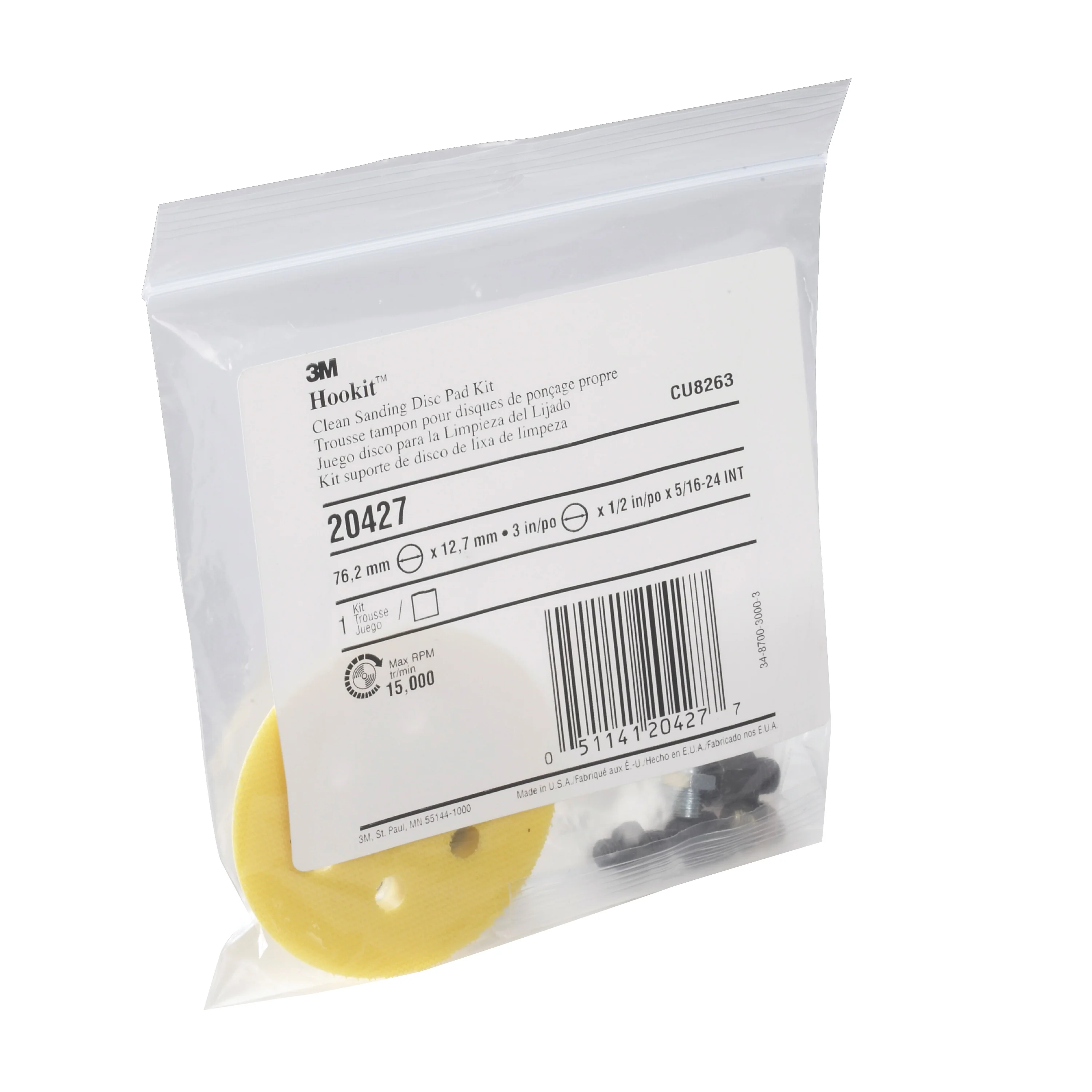 3M 20427  ~  Hookit Clean Sanding Disc Pad Kit 20427 3 in x 1/2 in x 5/16 in (7.6 cm x 1.27 cm x 0.79 cm)