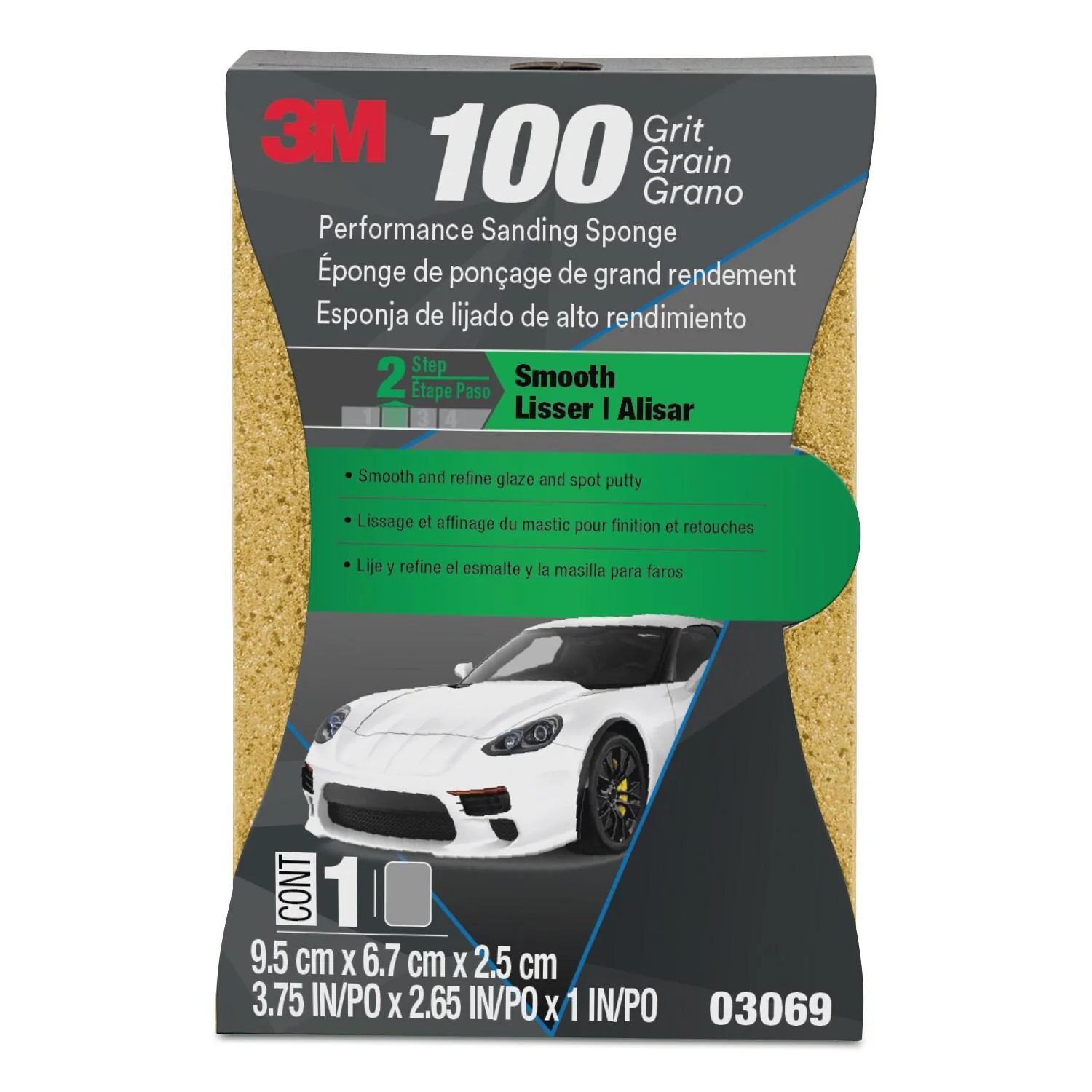 3M 03069C  ~  Performance Sanding Sponge 100 grit 1 Inch x 2 5/8 Inch