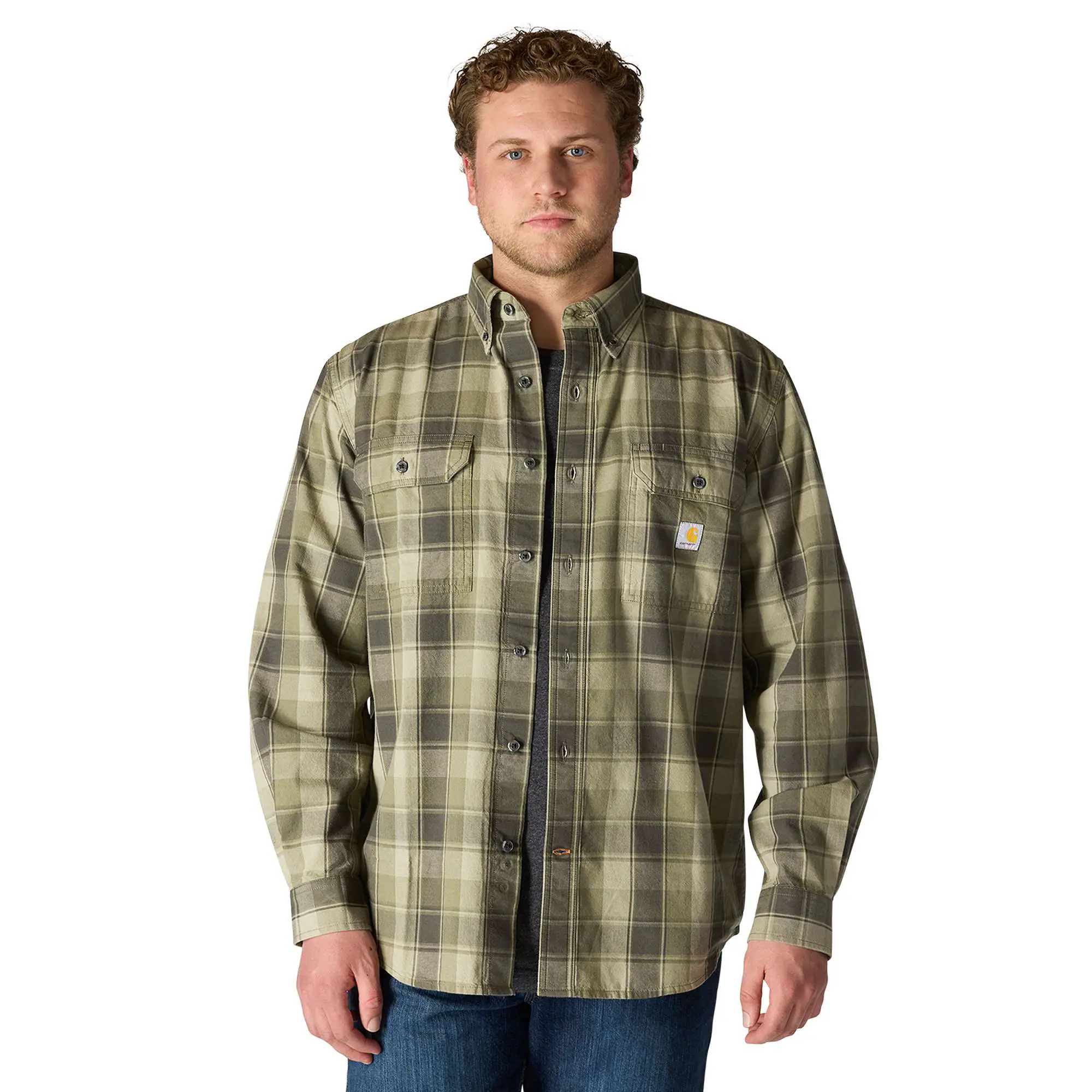 Loose Fit Midweight Chambray Long-Sleeve Plaid Shirt