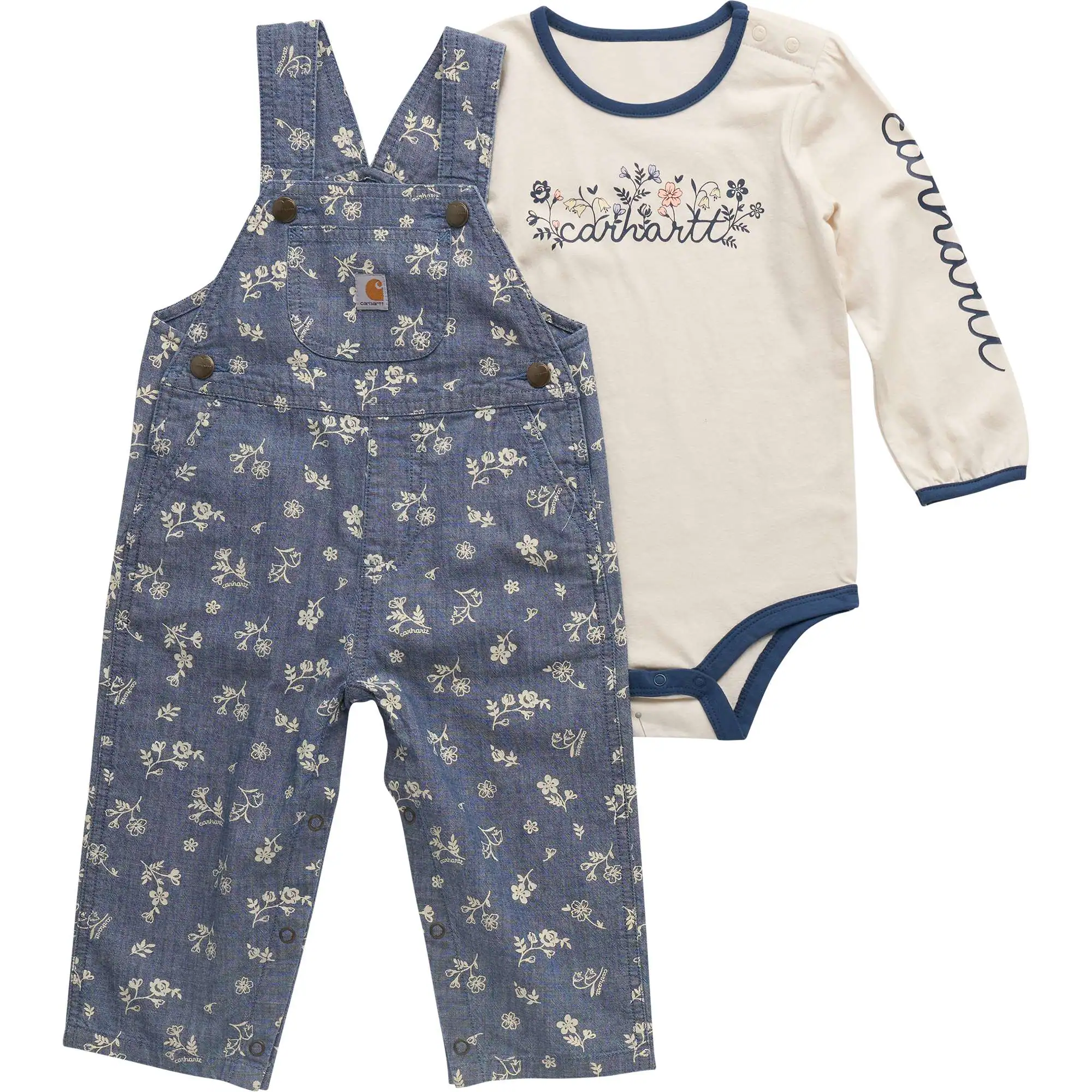 Girls' 2-Piece Long Sleeve Bodysuit & Printed Chambray Overall Set (Baby)