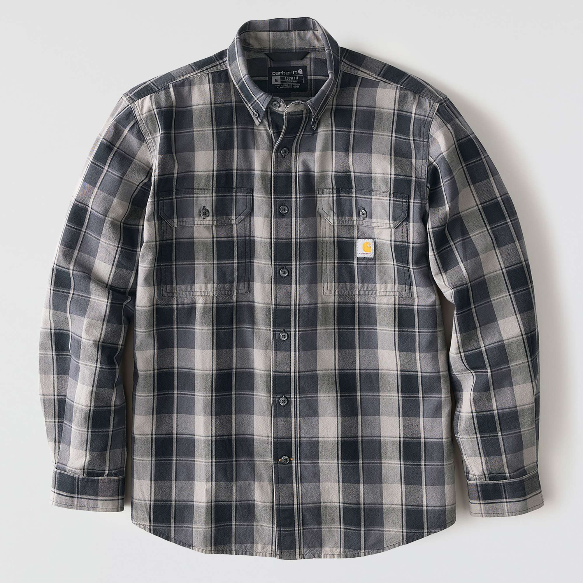 Loose Fit Midweight Chambray Long-Sleeve Plaid Shirt